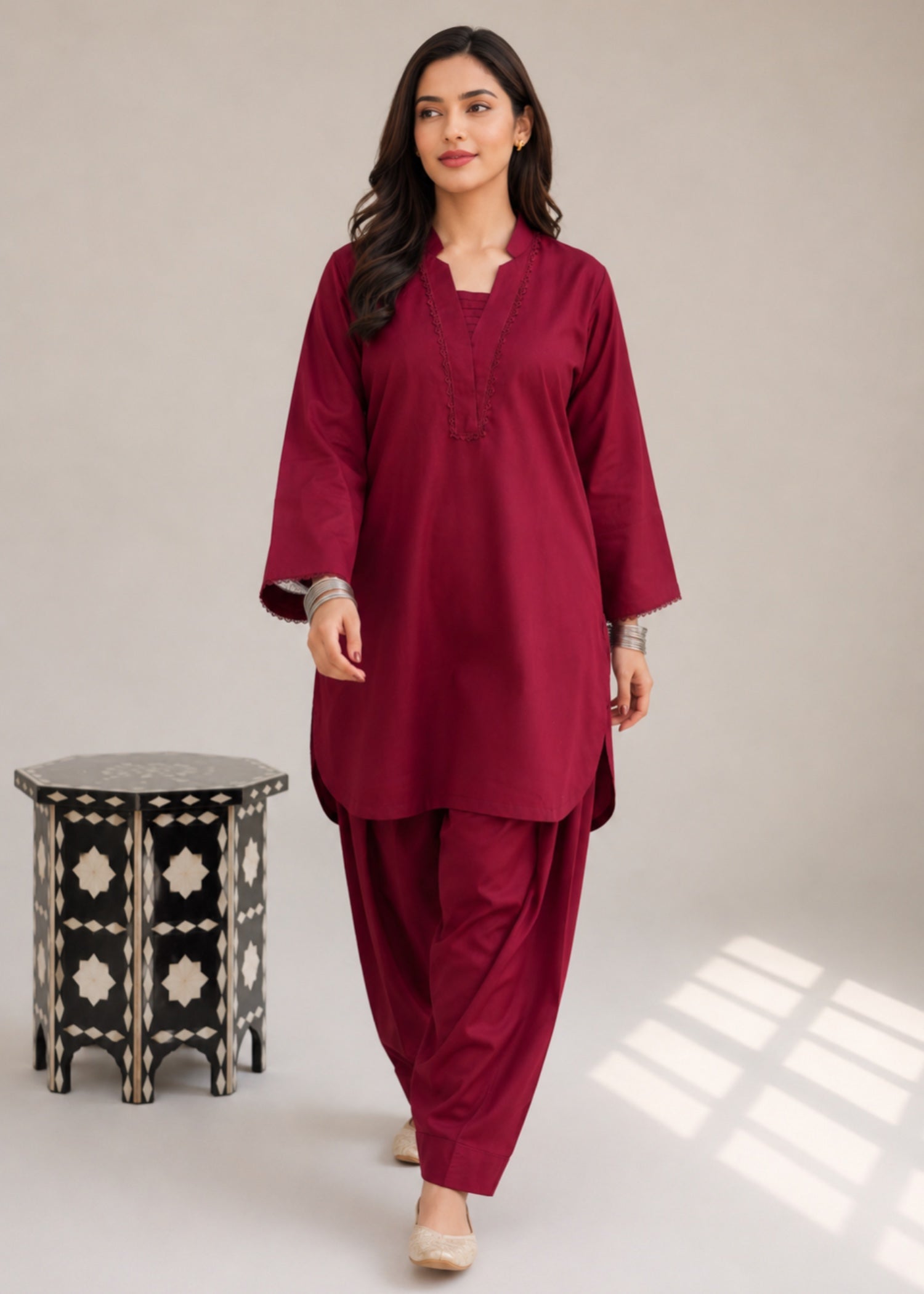 lawn cotton Co Ord Sets in Maroon