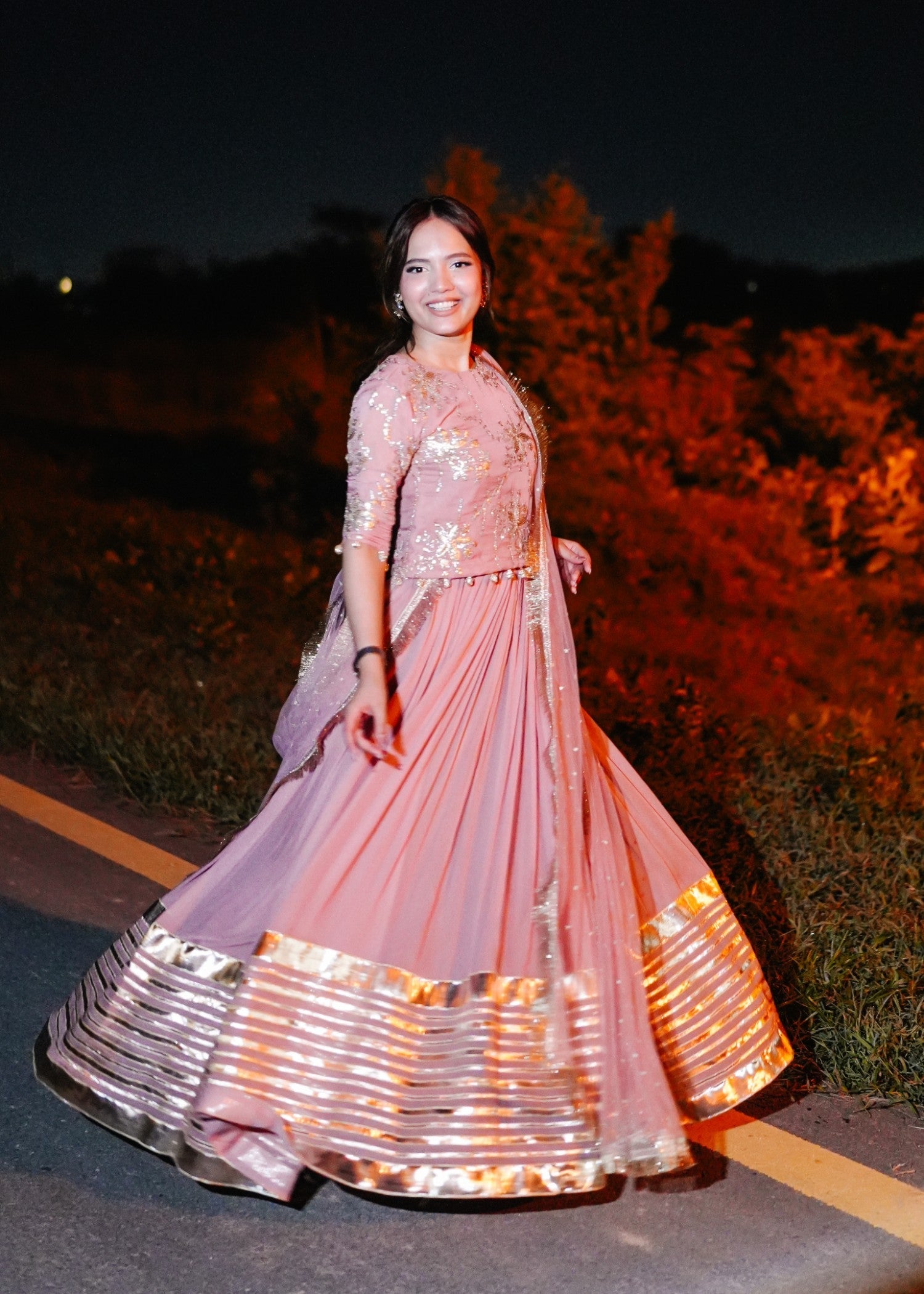 bemberg crinkle chiffon Lehenga in Pink