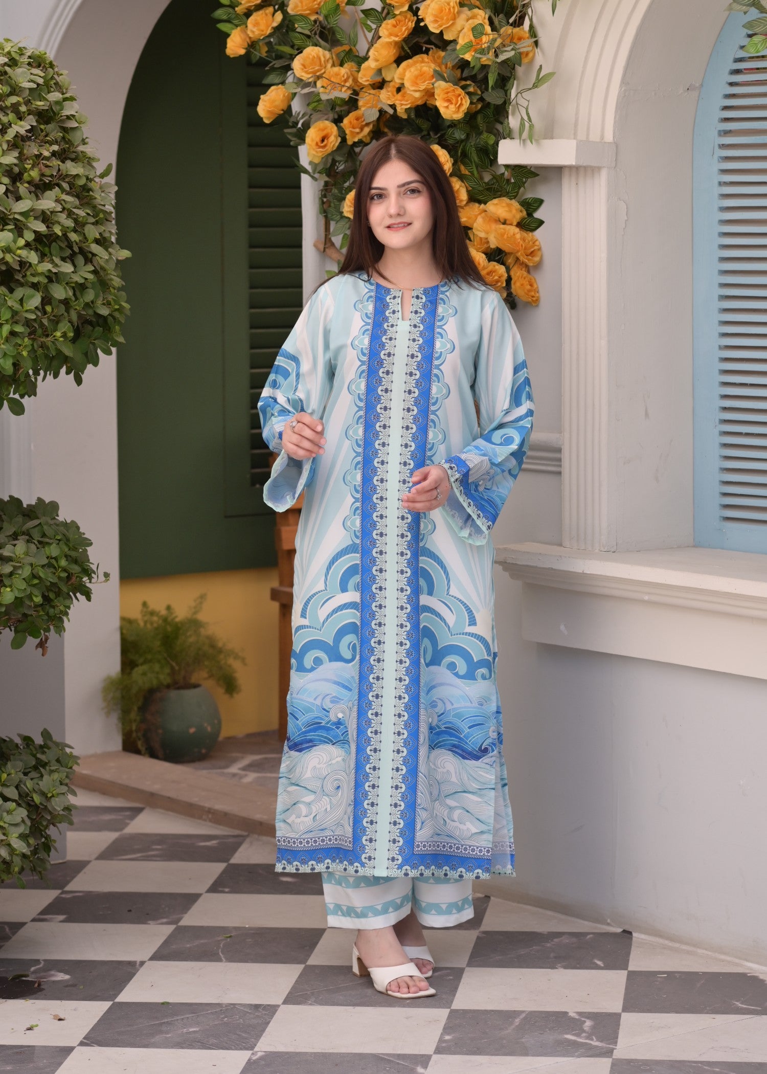 poly lawn Kurta Set in Electric blue