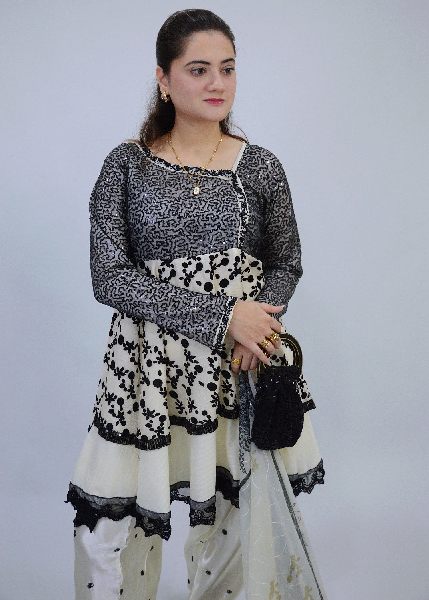 chiffon Short Frock in White, off-white, black