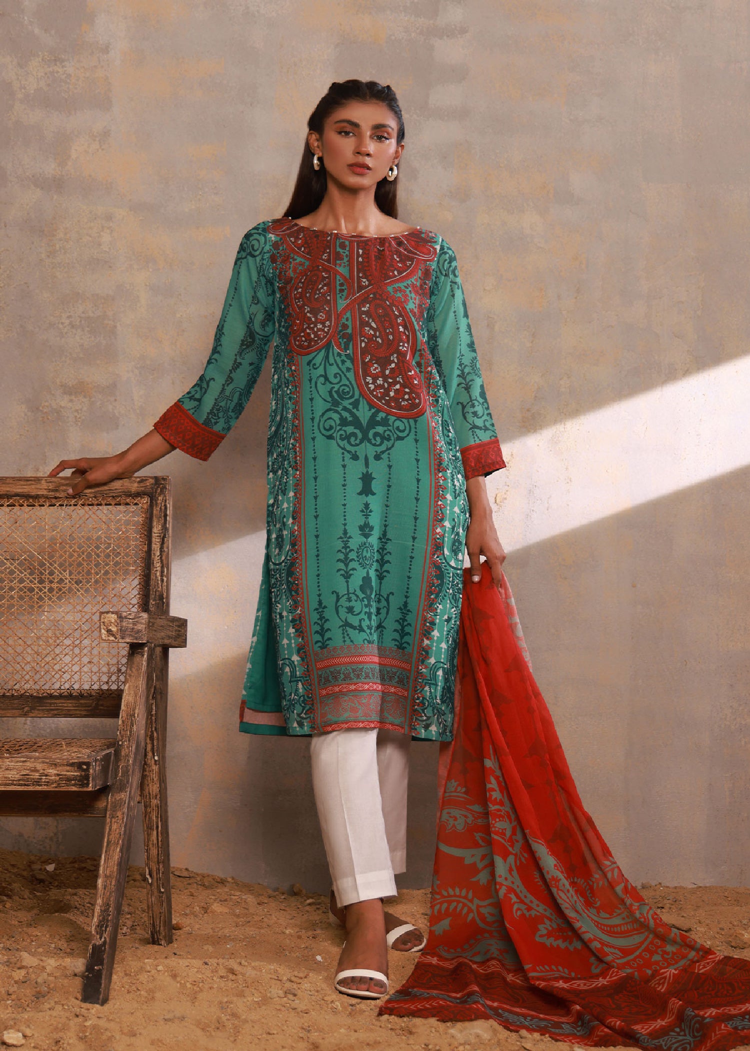 slub lawn Kurta Set in Aquamarine