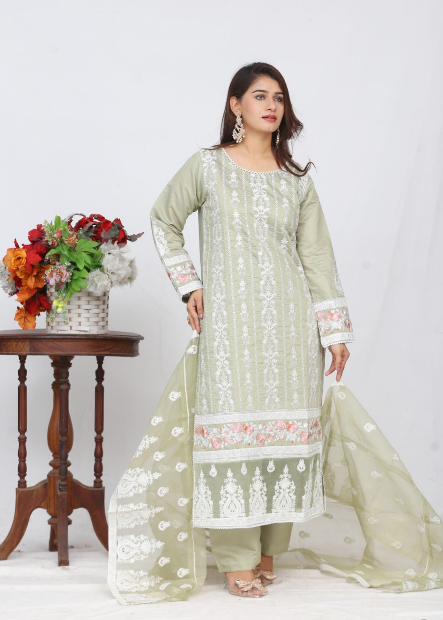 khaddi net Kurta Set in Pistachio green