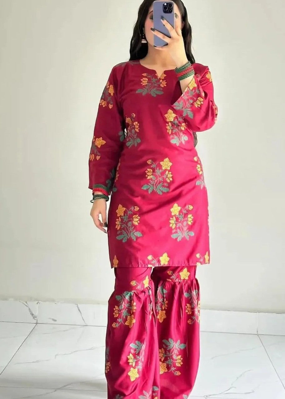 linen Gharara in Maroon