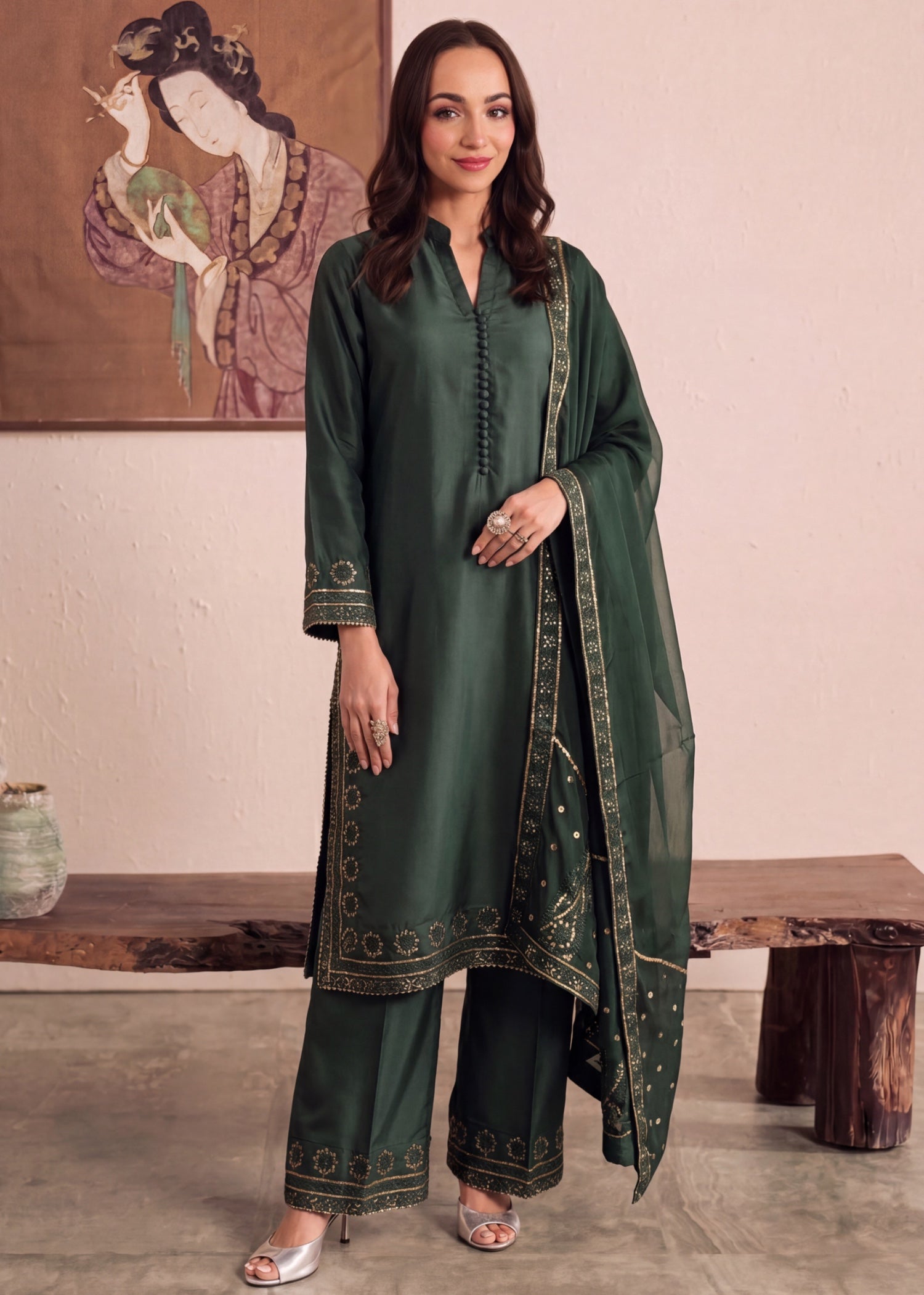 kattan silk Kurta Set in Dark green