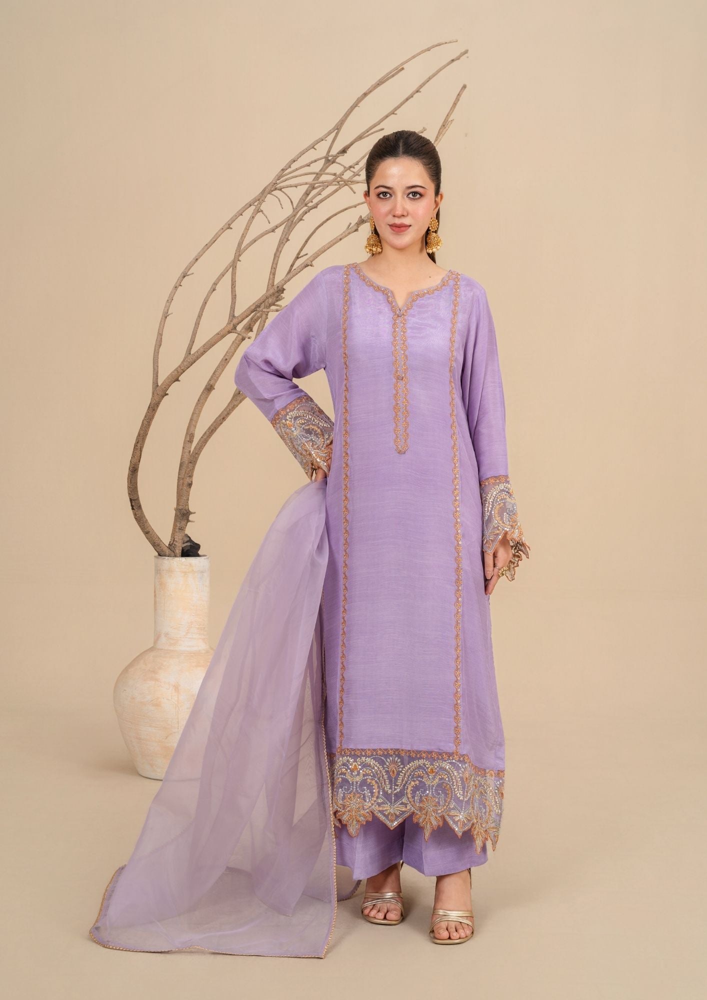 viscose raw silk Kurta Set in Lilac
