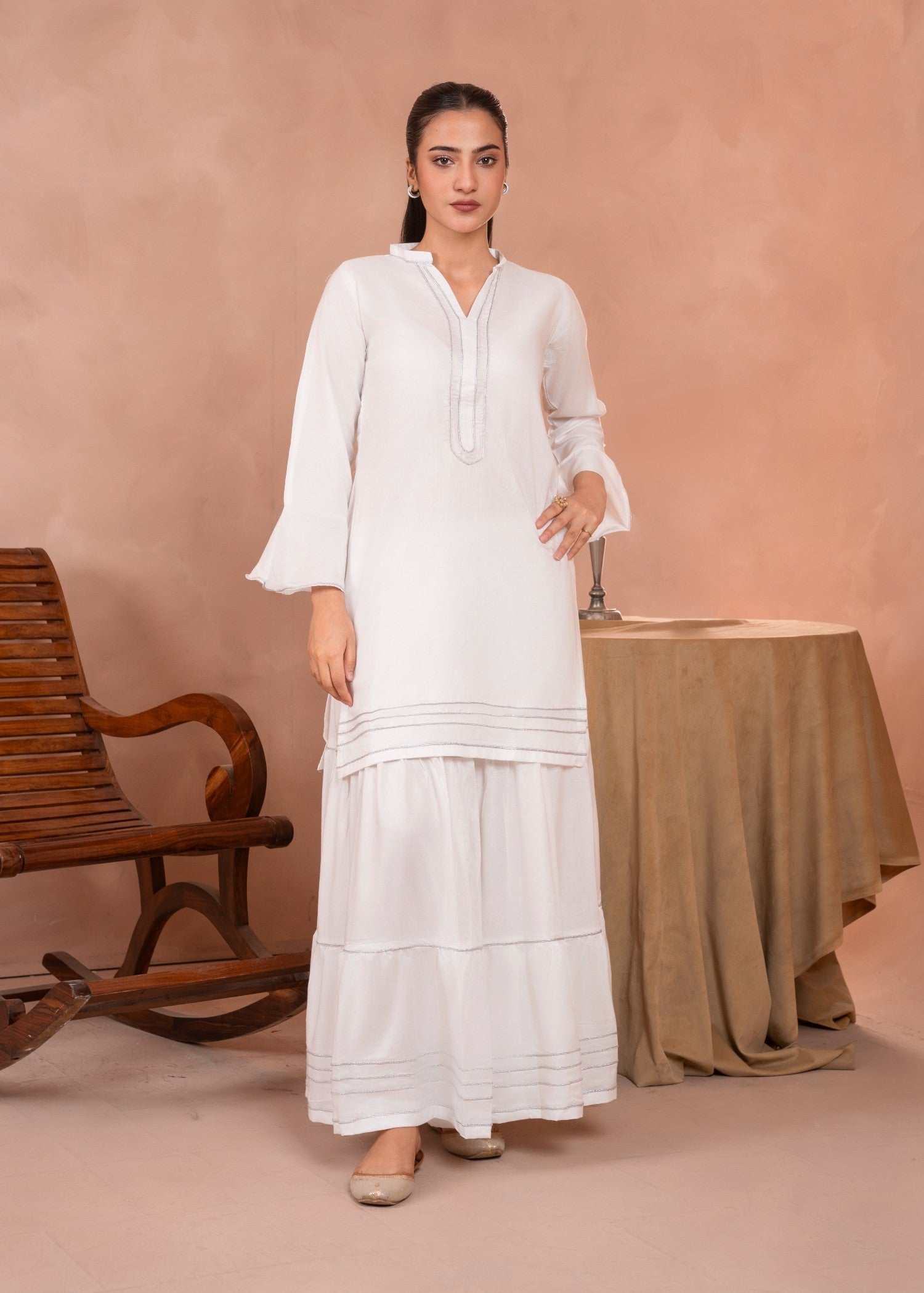 linen Lehenga in White