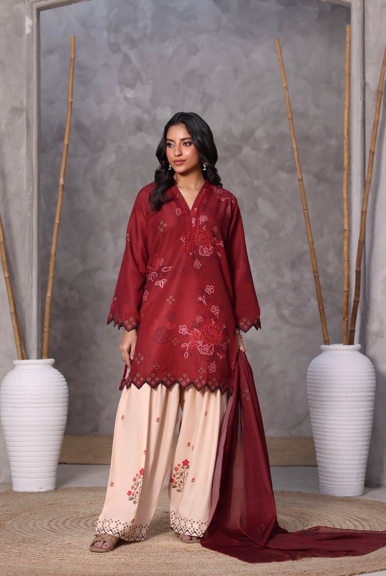 swiss lawn Kurta Set in Blood red