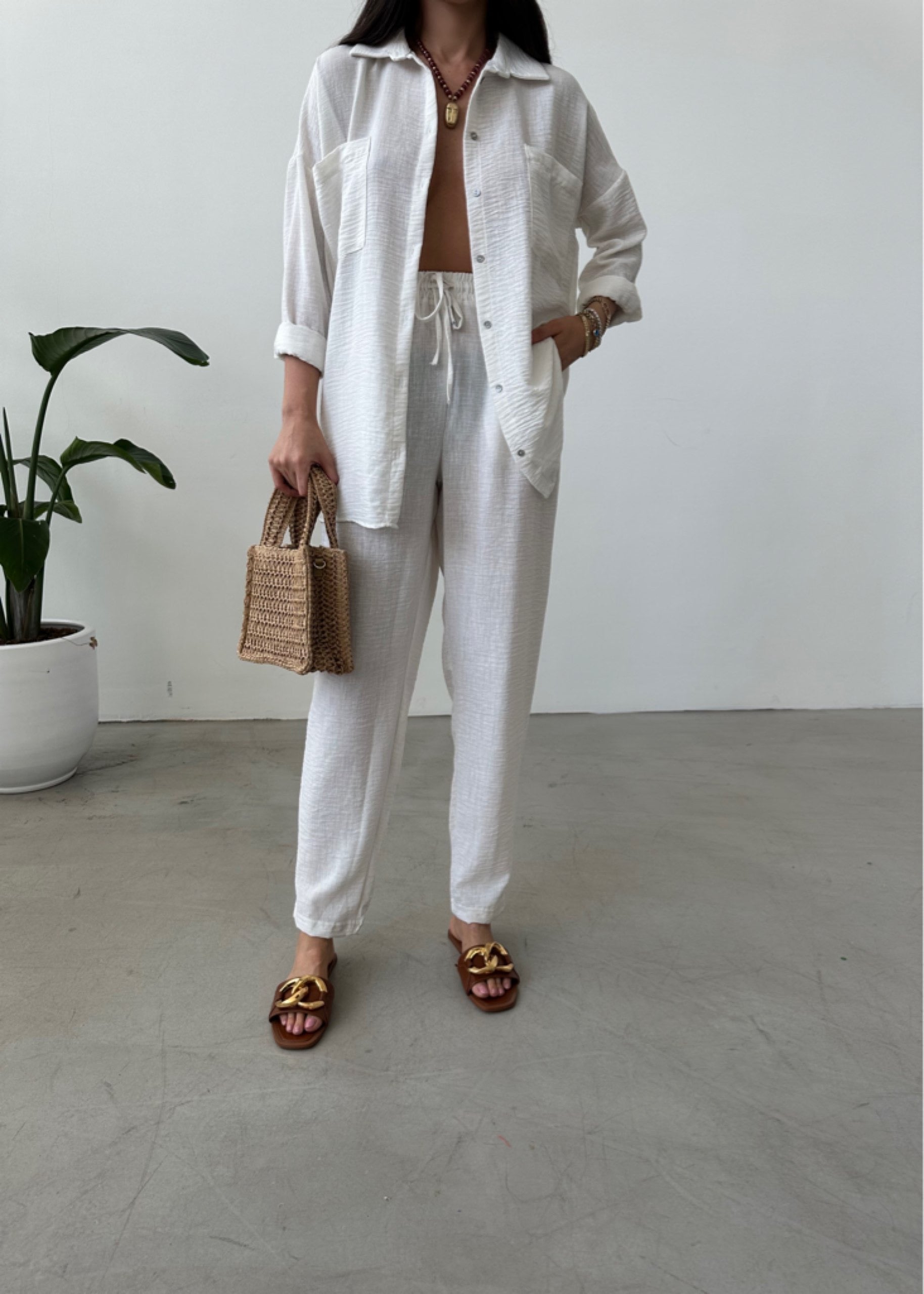 blended linen Co Ord Sets in Ghost white