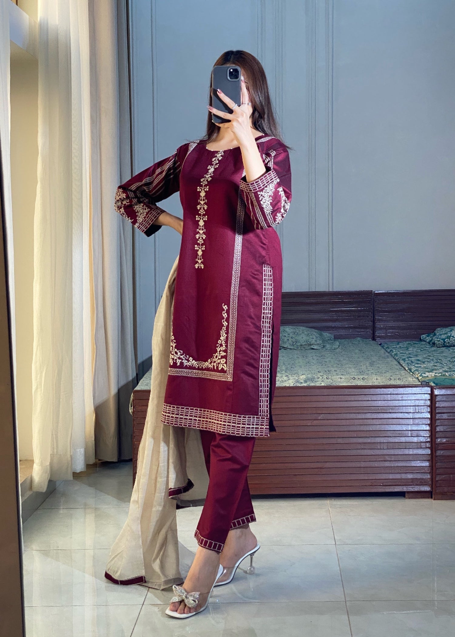cotton karandi Kurta Set in Burgundy