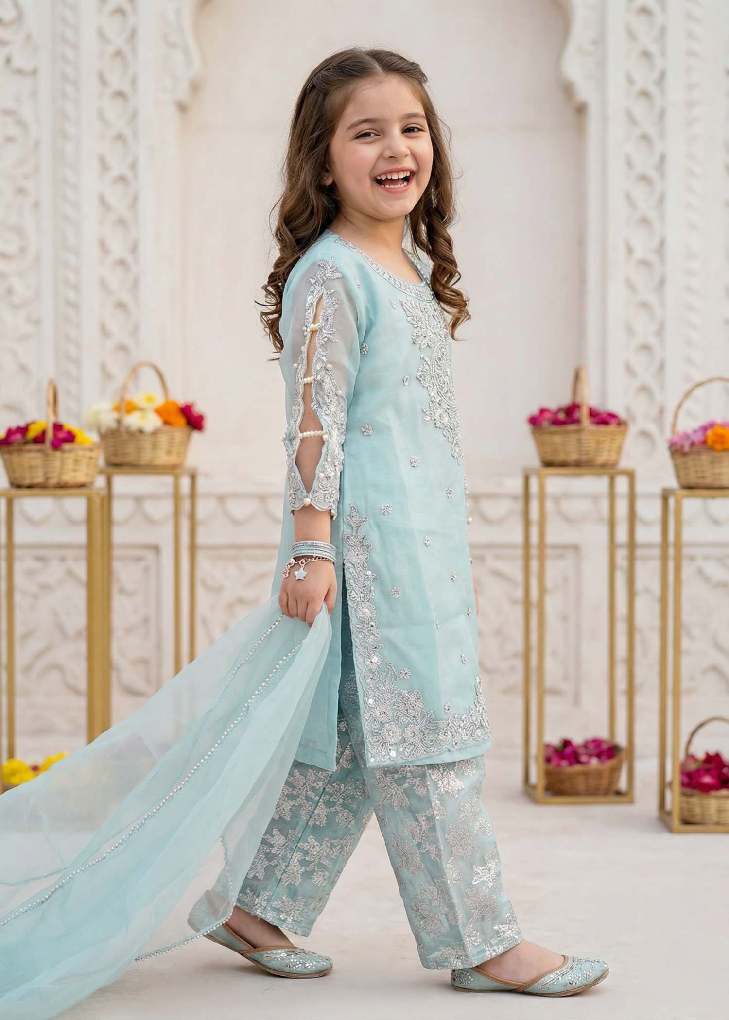 organza Kurta Set in Ice blue