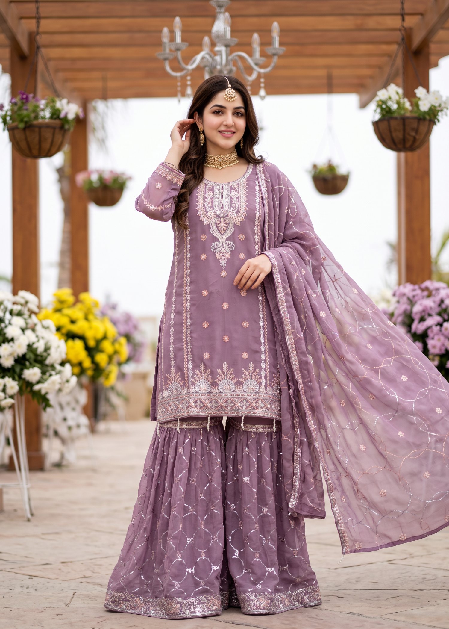 chiffon Gharara in Heathered lilac