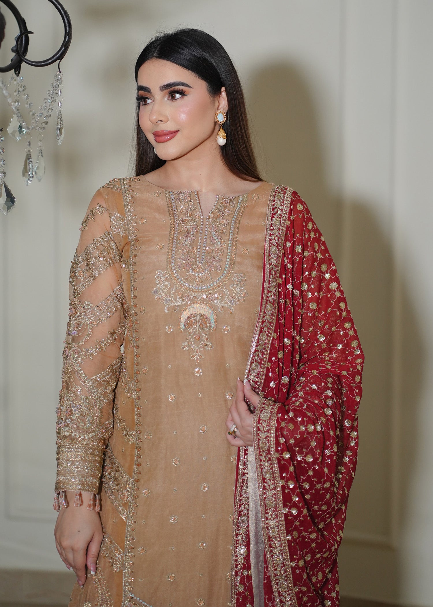 organza Kurta Set in Sand brown, maroon