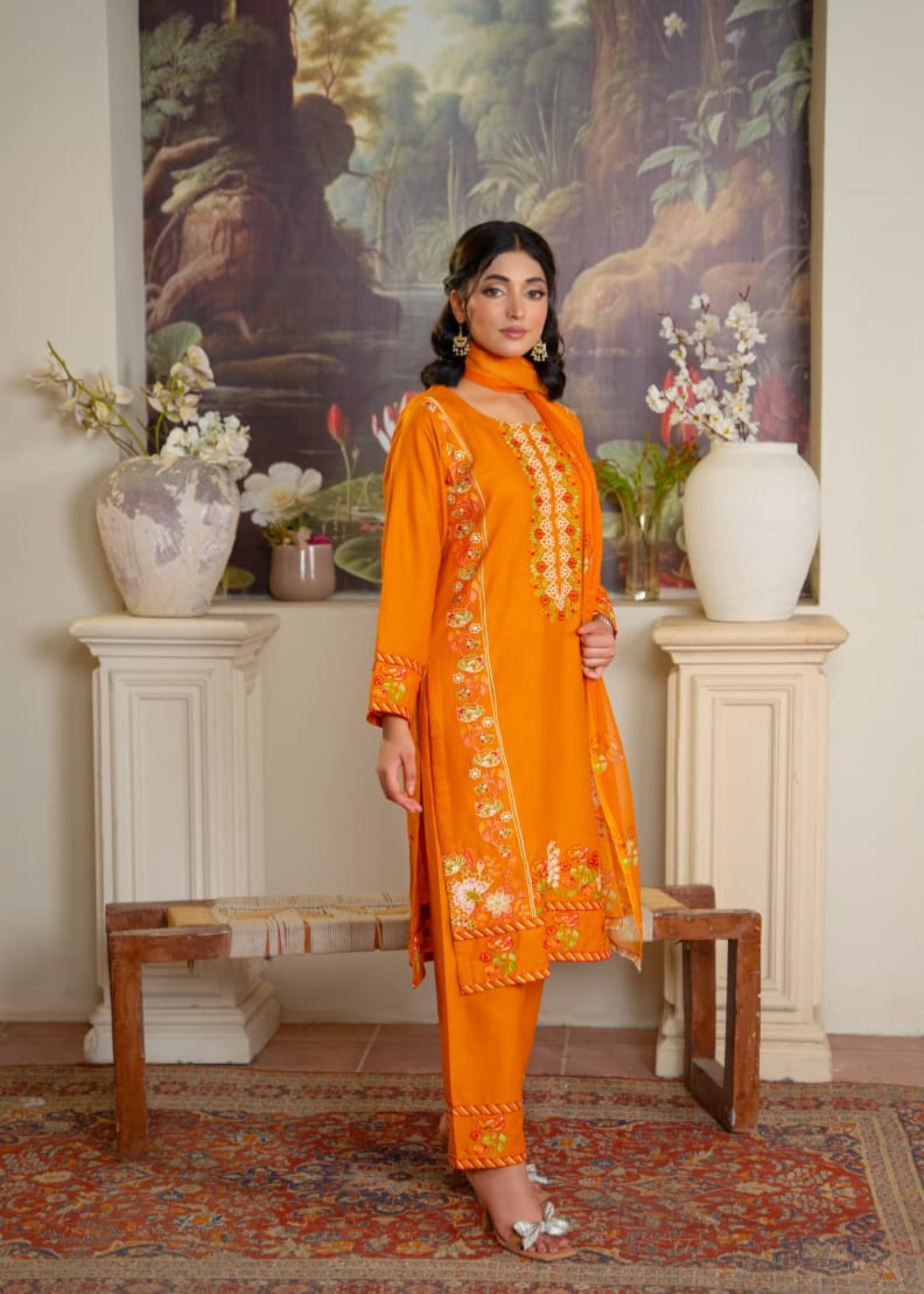 lawn cotton Kurta Set in Tiger orange