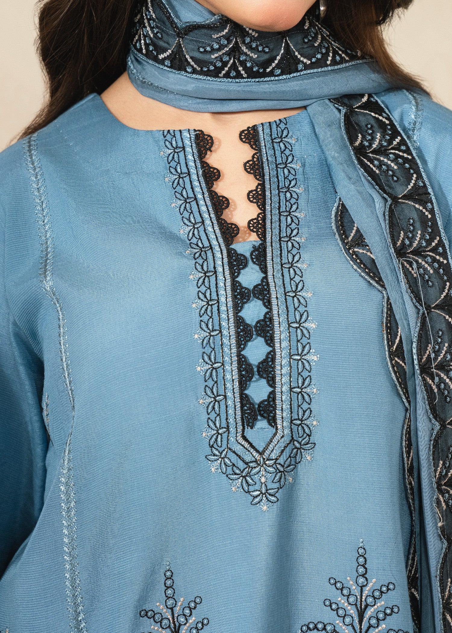raw silk Kurta Set in Black, frost blue