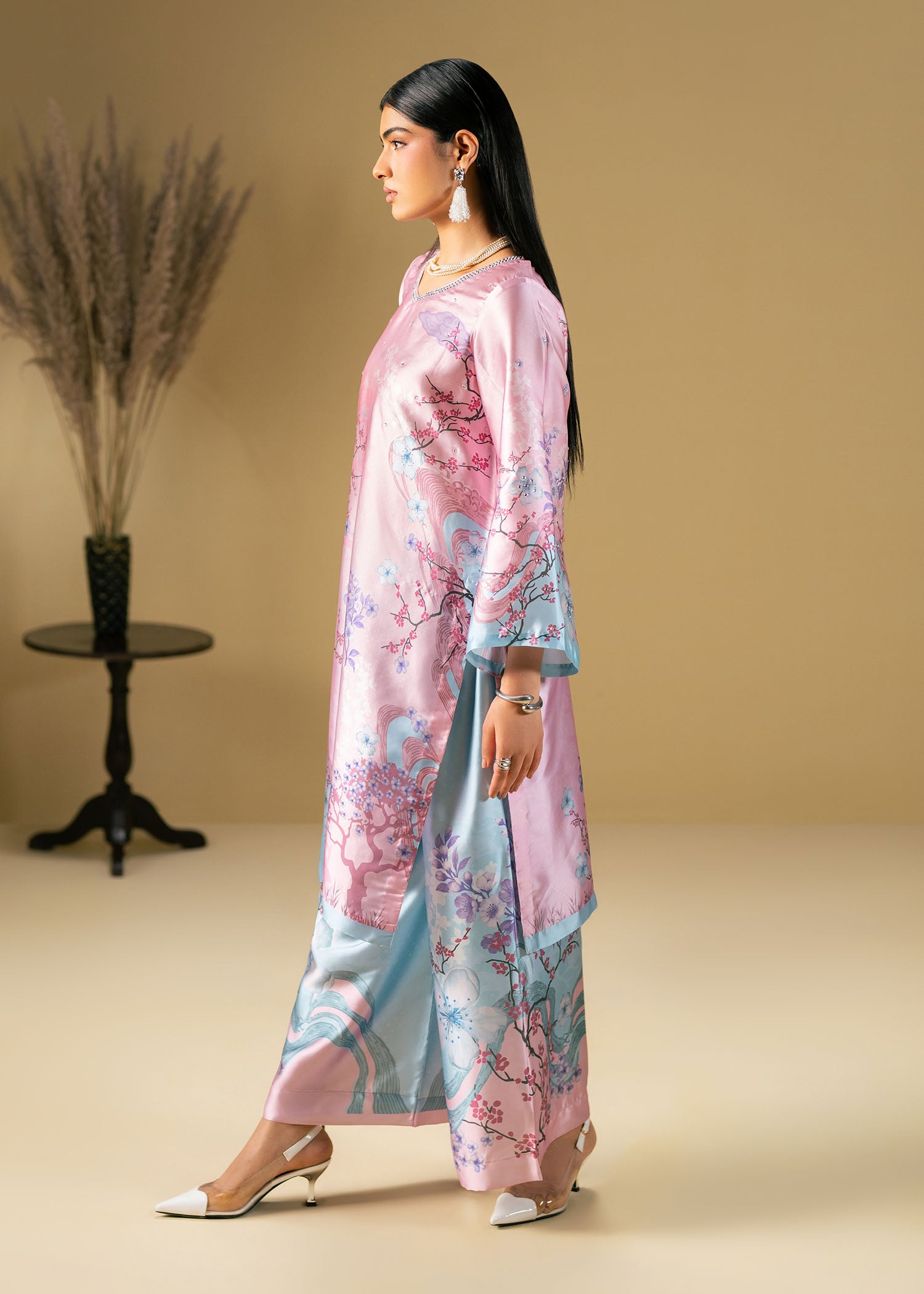 silk charmeuse Kurta Set in Pink