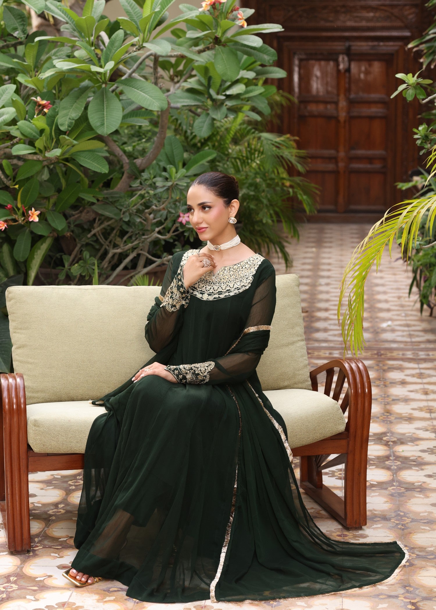 chiffon Pishwas in Dark green