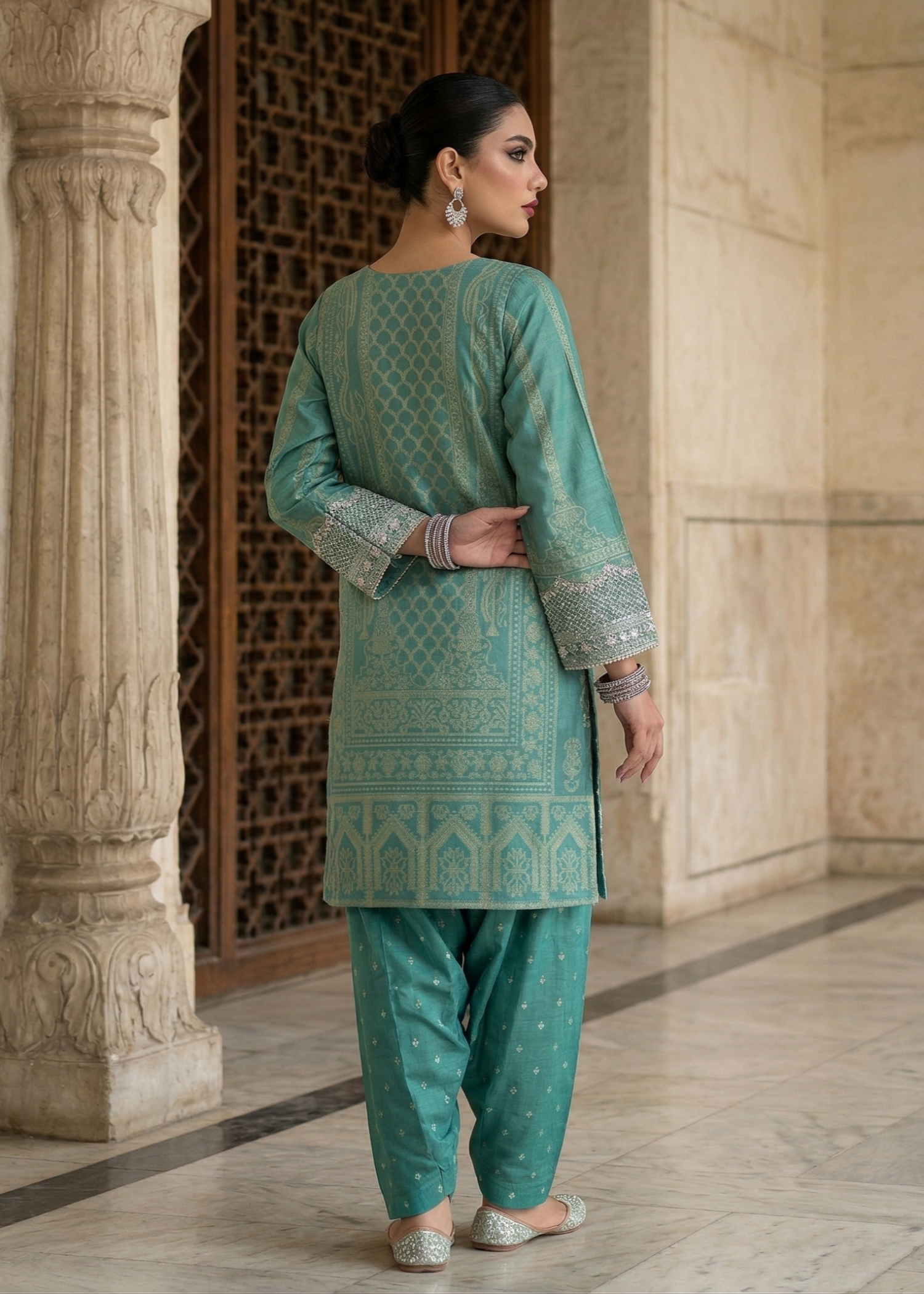 jacquard Kurta Set in Aquamarine