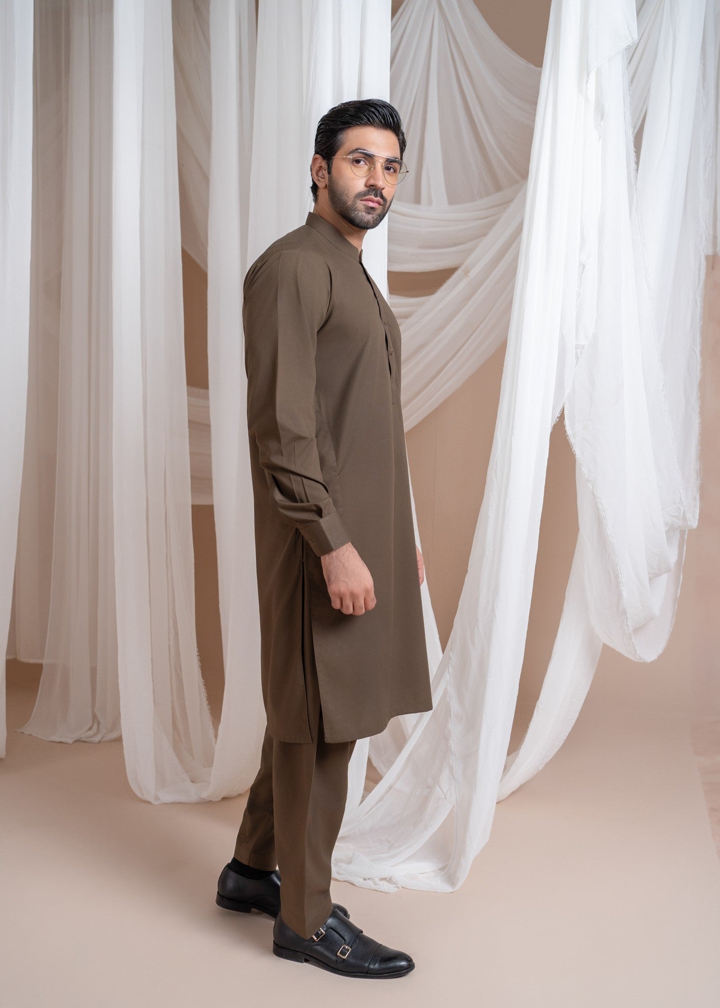 wash & wear Shalwar Kameez in Brown by Muraqsh