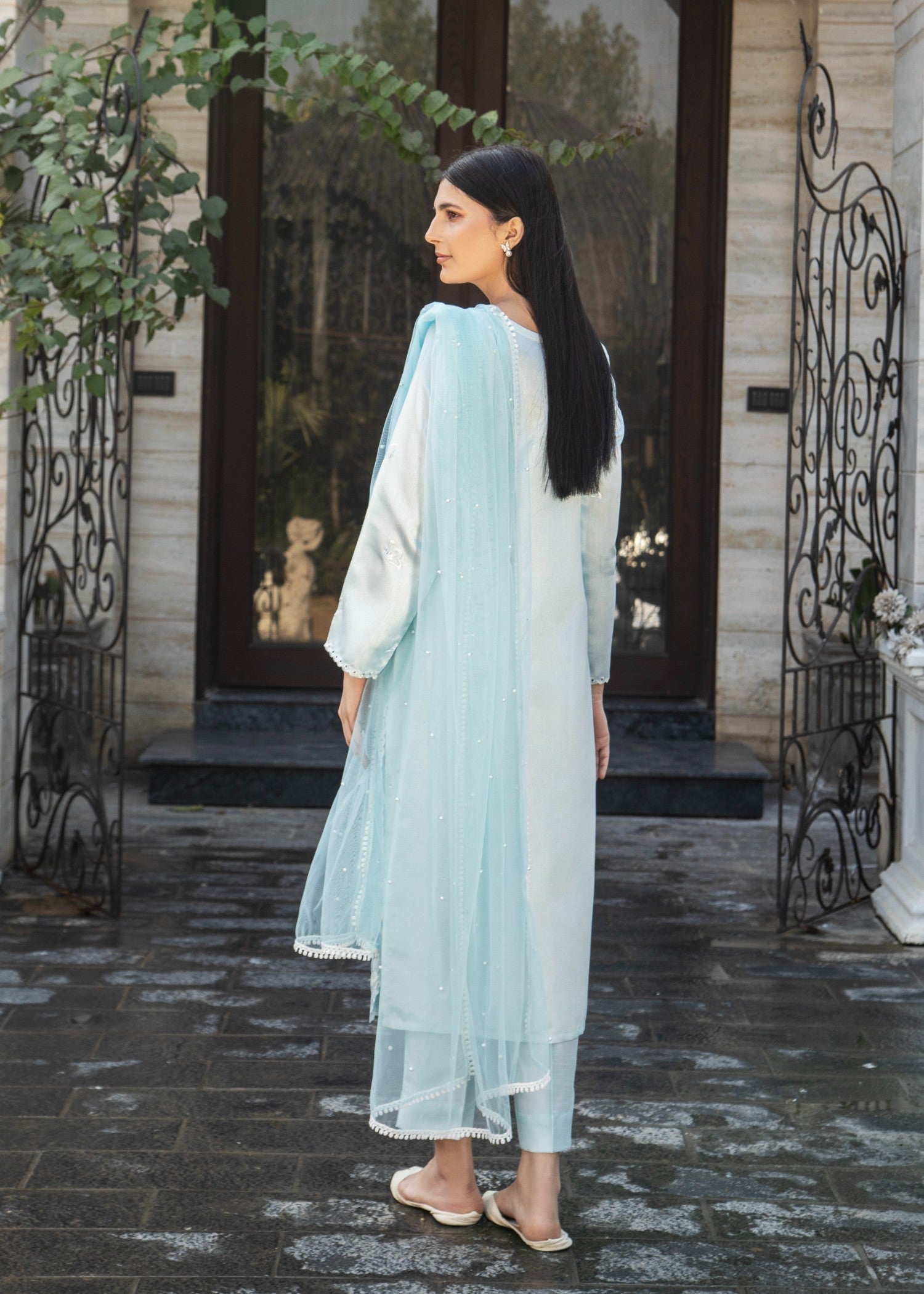 poly silk Kurta Set in Ice blue