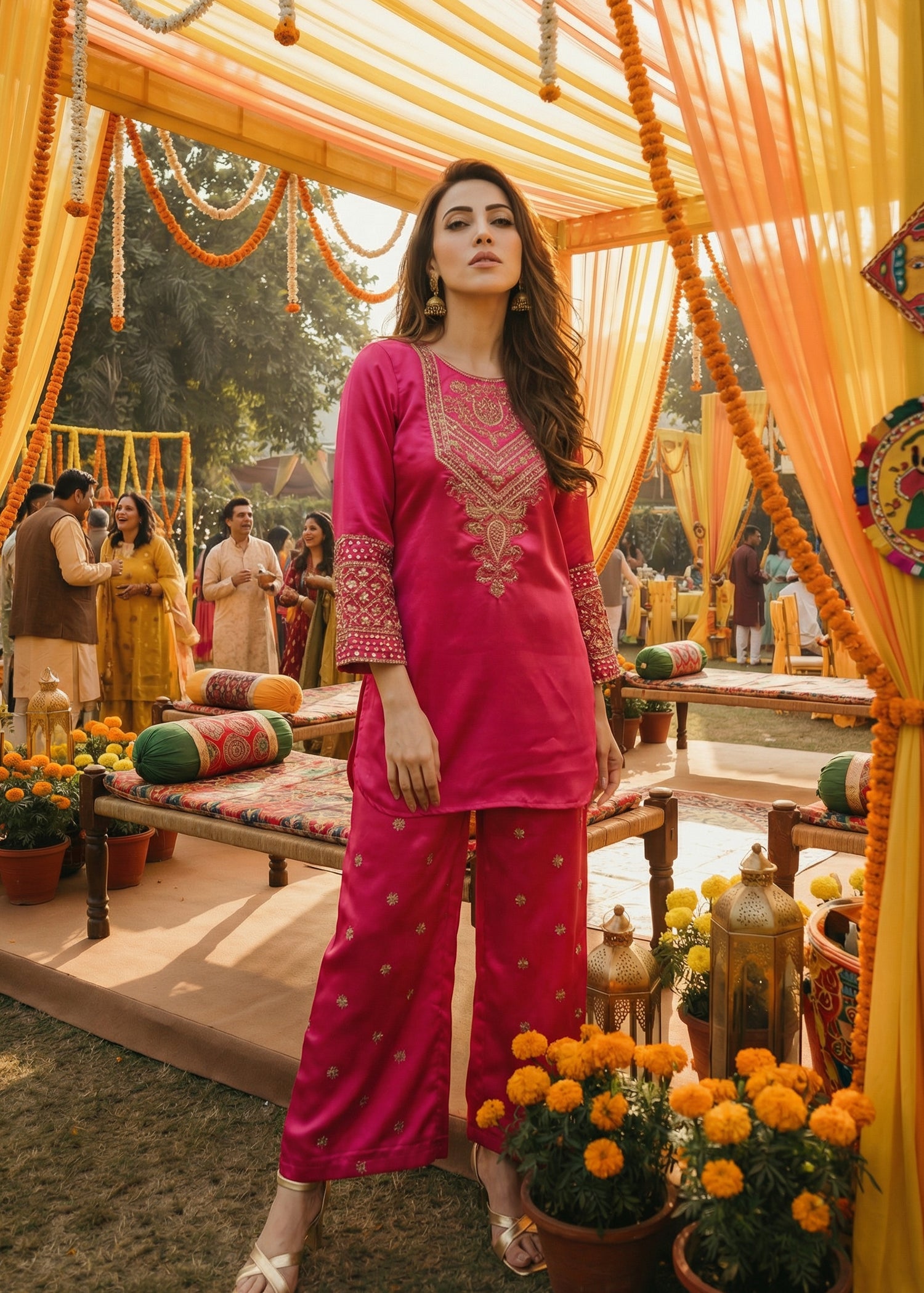 raw silk Kurta Set in Hot pink