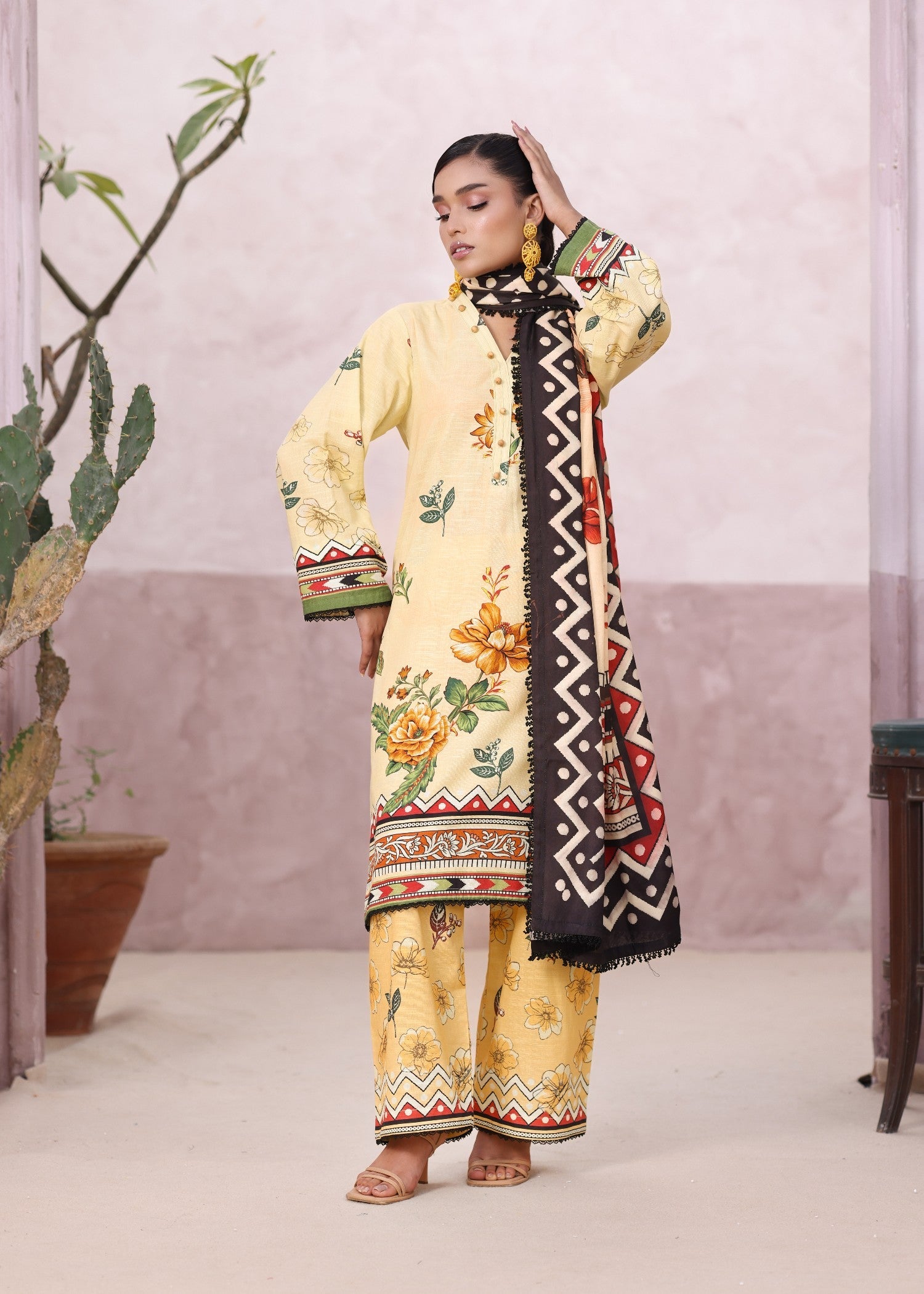 khaddar Kurta Set in Light yellow