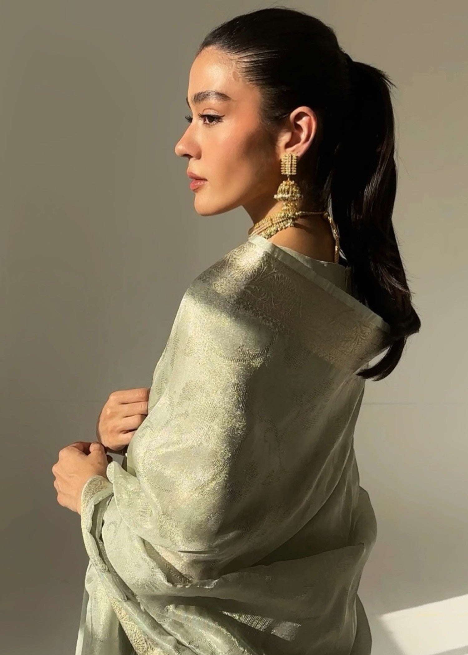 tissue silk Saree in Sage green