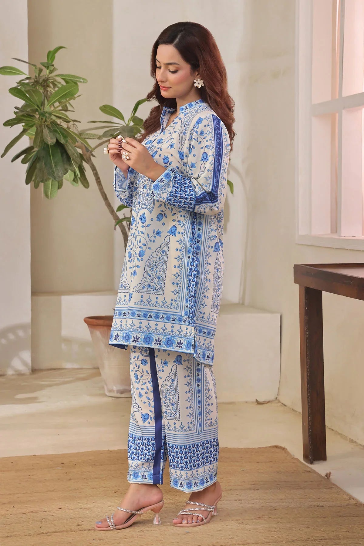 poly lawn Co Ord Sets in Blue, white