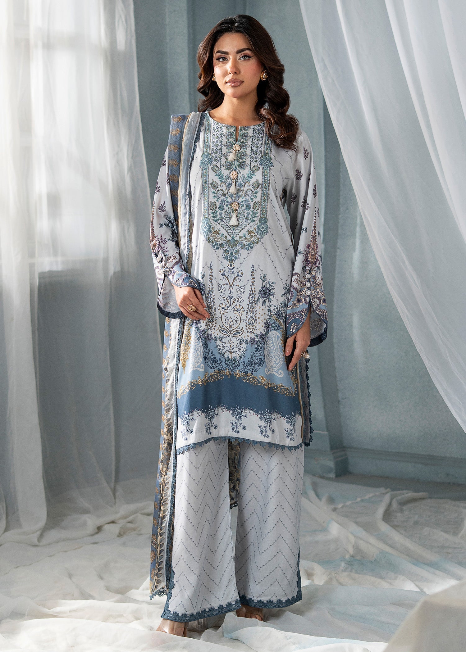 linen Kurta Set in Pastel grey