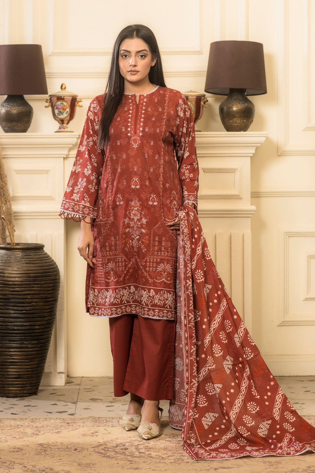 lawn voile Kurta Set in Rust orange