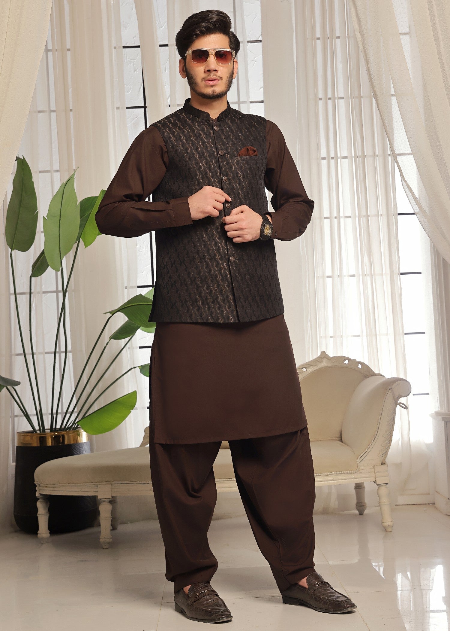 jamawar Waistcoat in Chocolate brown by The Great Masters (TGM)