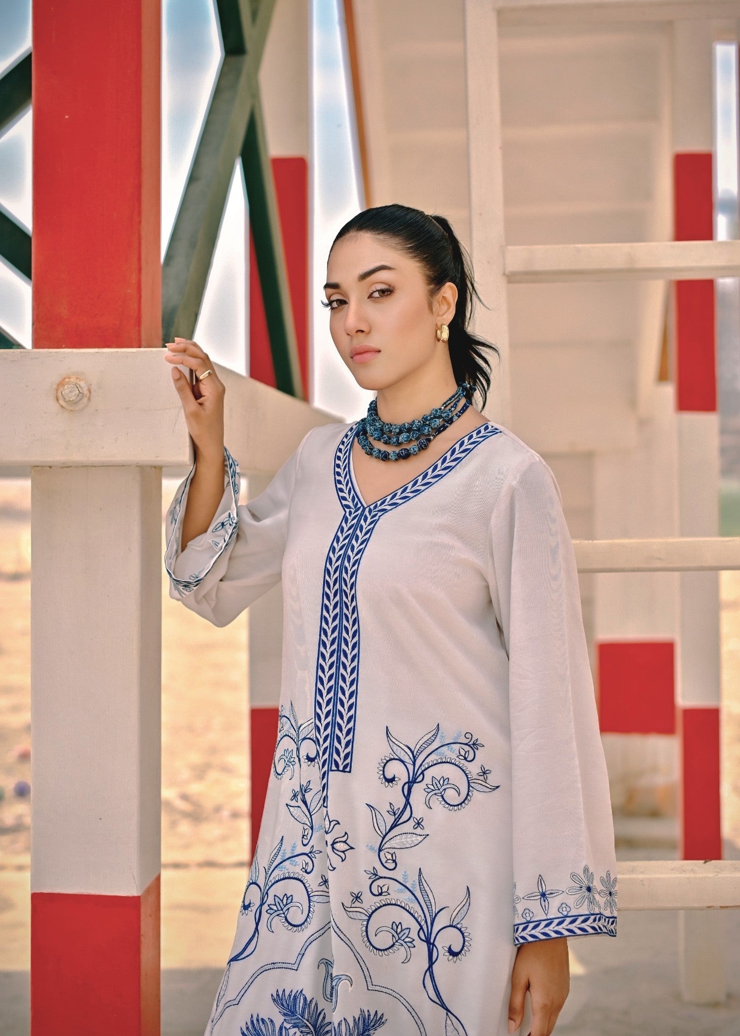 cotton viscose Kurta Set in White smoke