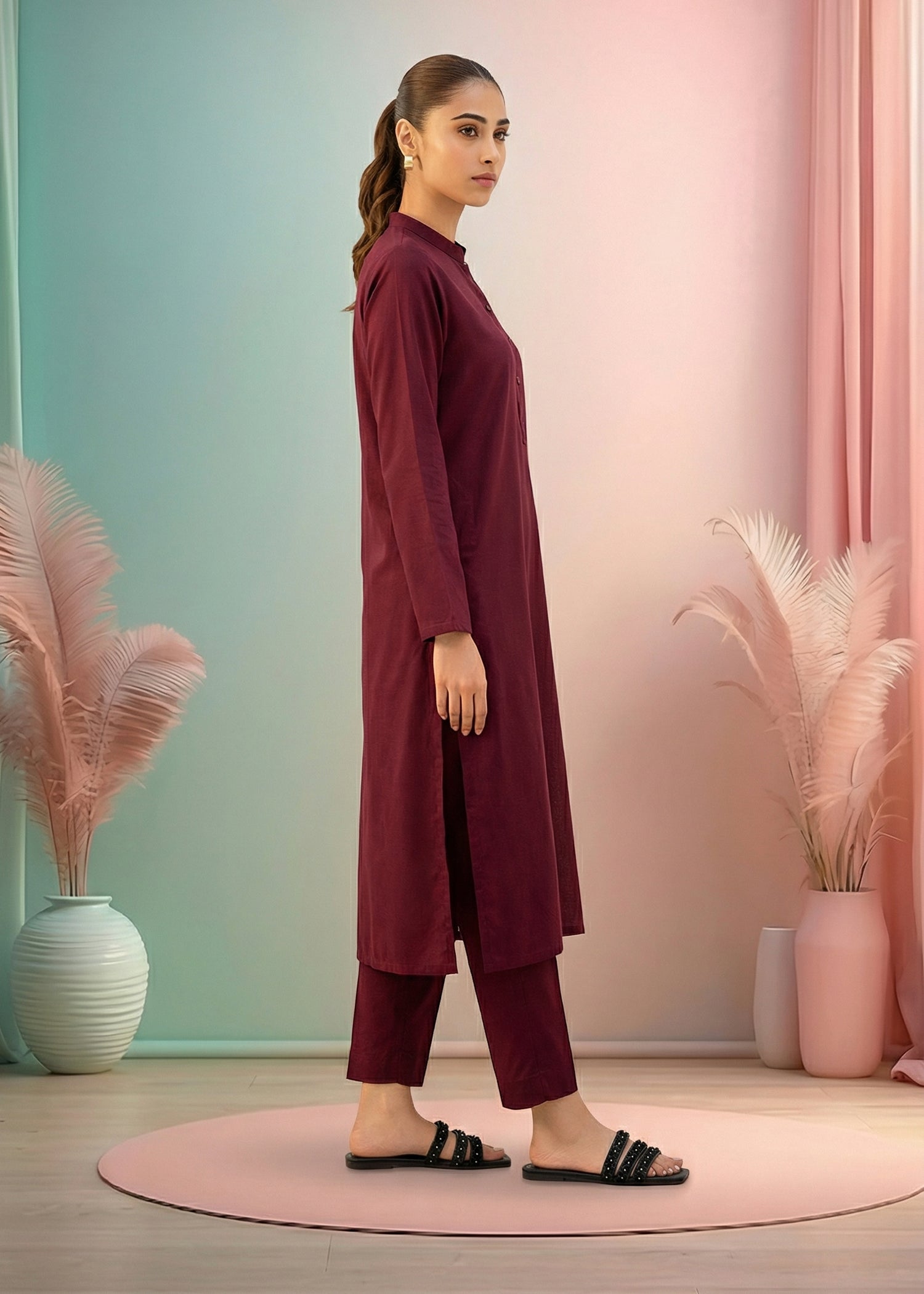 slub lawn Kurta Set in Red