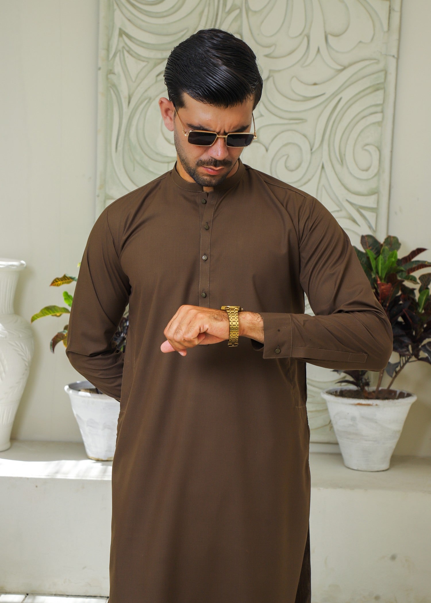 wash & wear Kurta Set in Oak brown