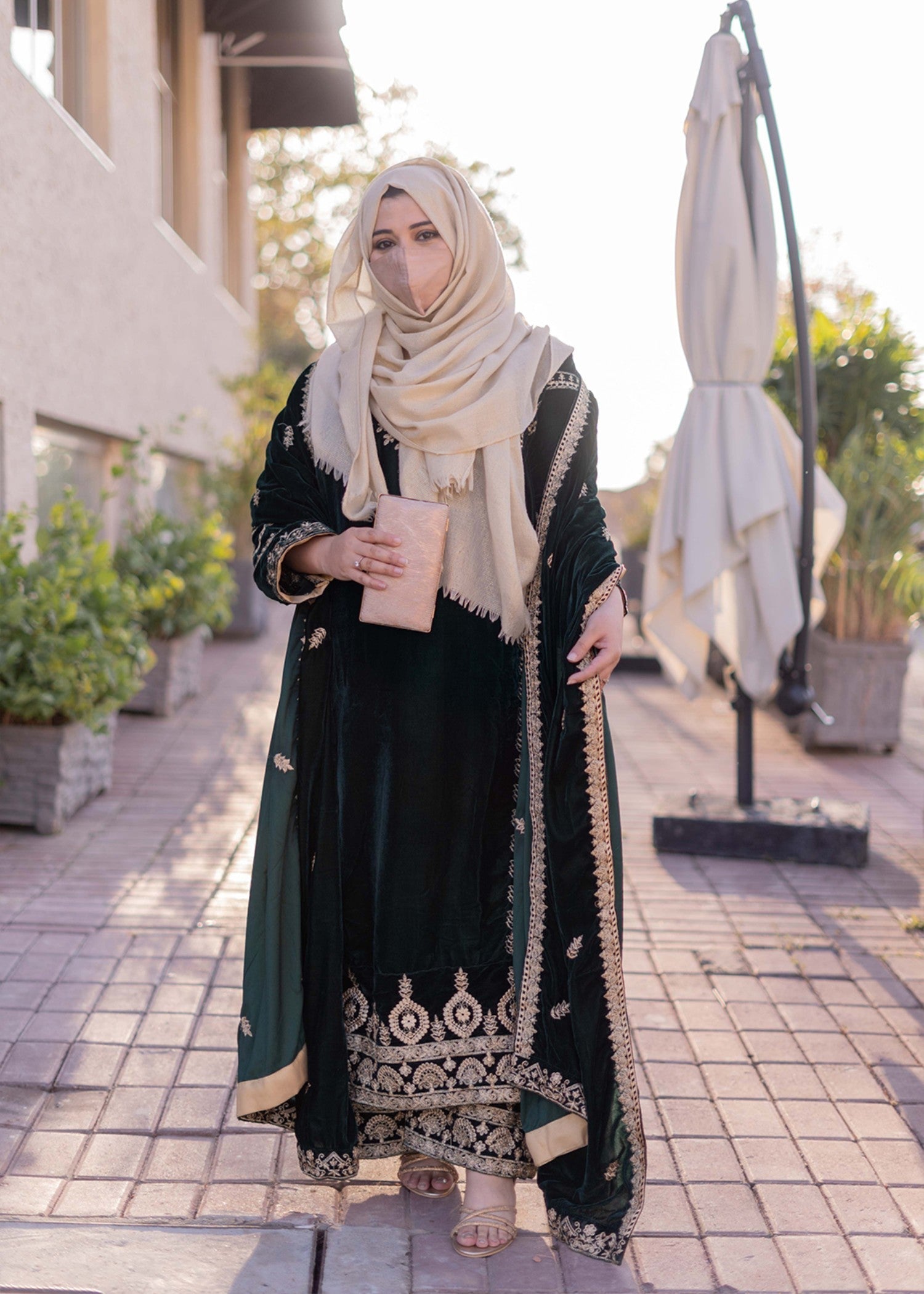 chinese micro velvet 9000 Kurta Set in Dark green