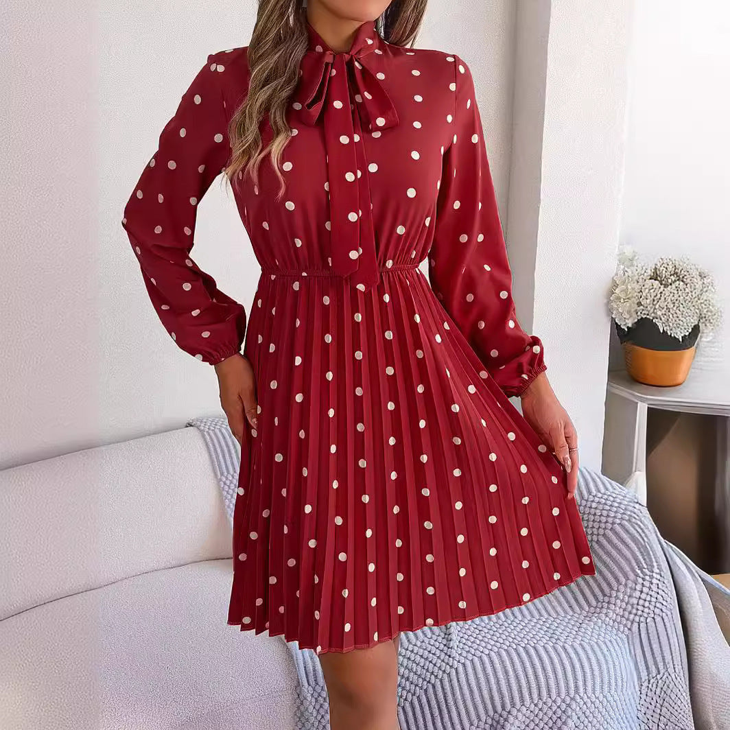 Women's Polka-dot Self-tie Waist-controlled Long Sleeves Pleated Skirt