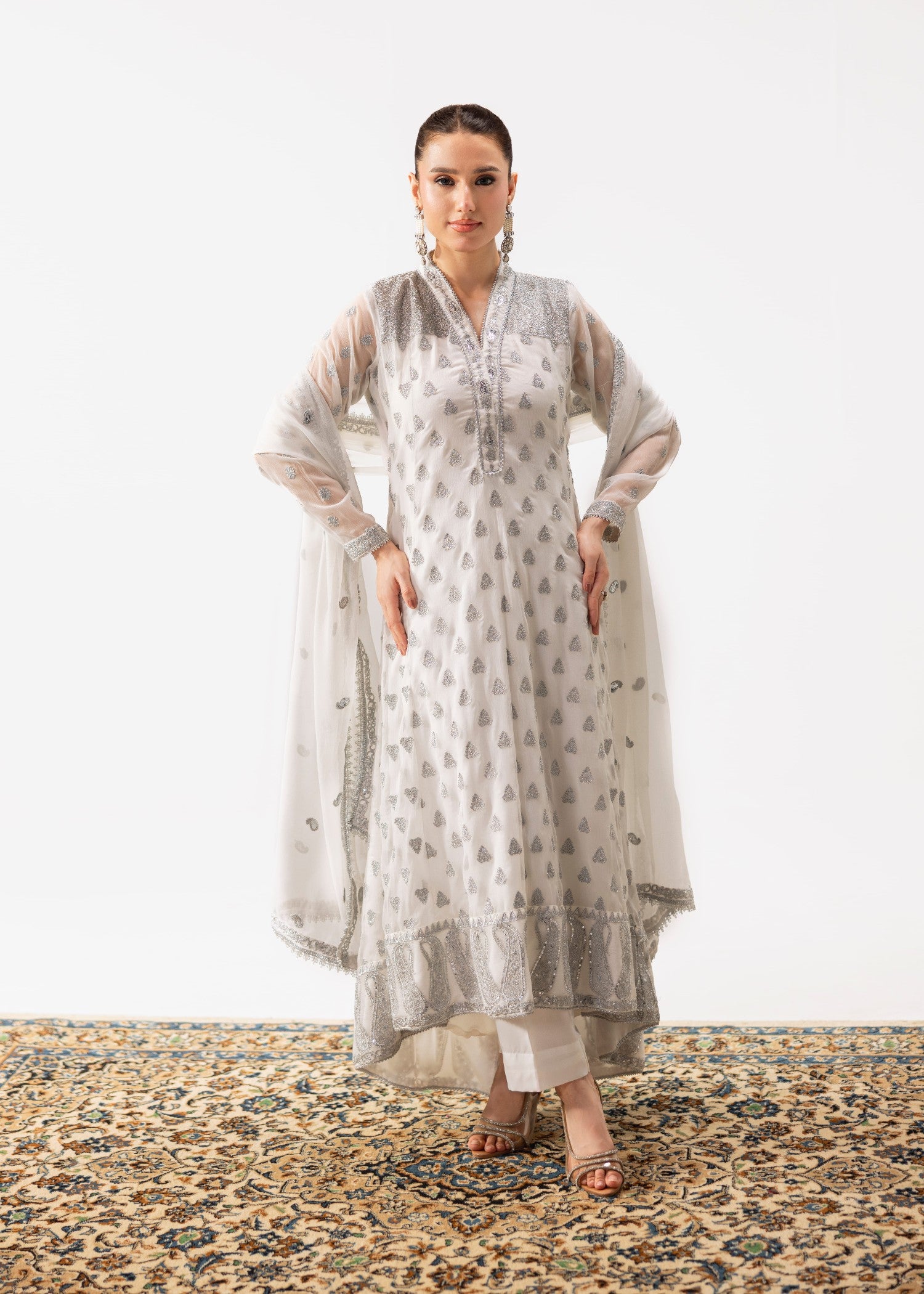 chiffon silk Pishwas in White