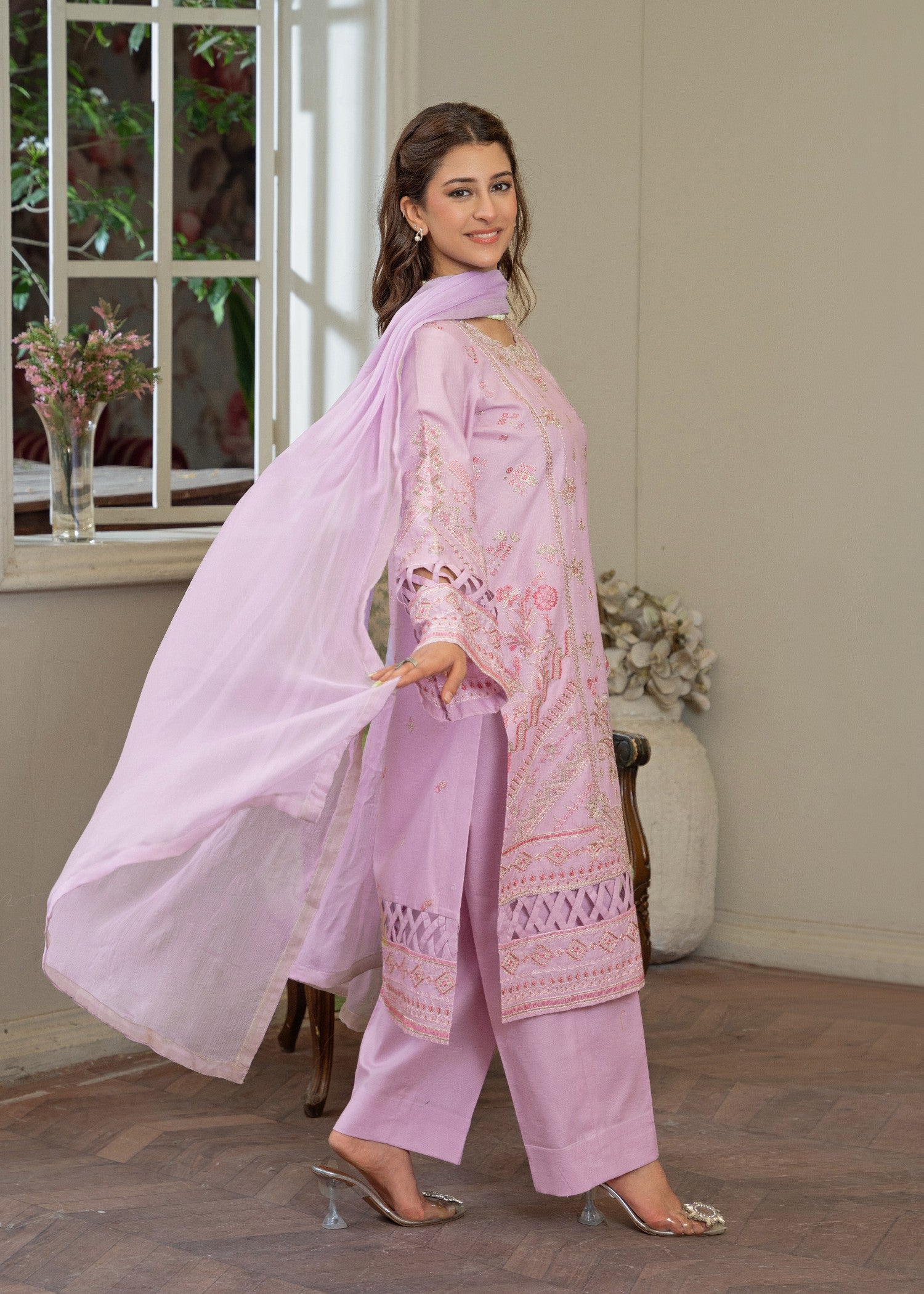 ribbed lawn Kurta Set in Cotton candy