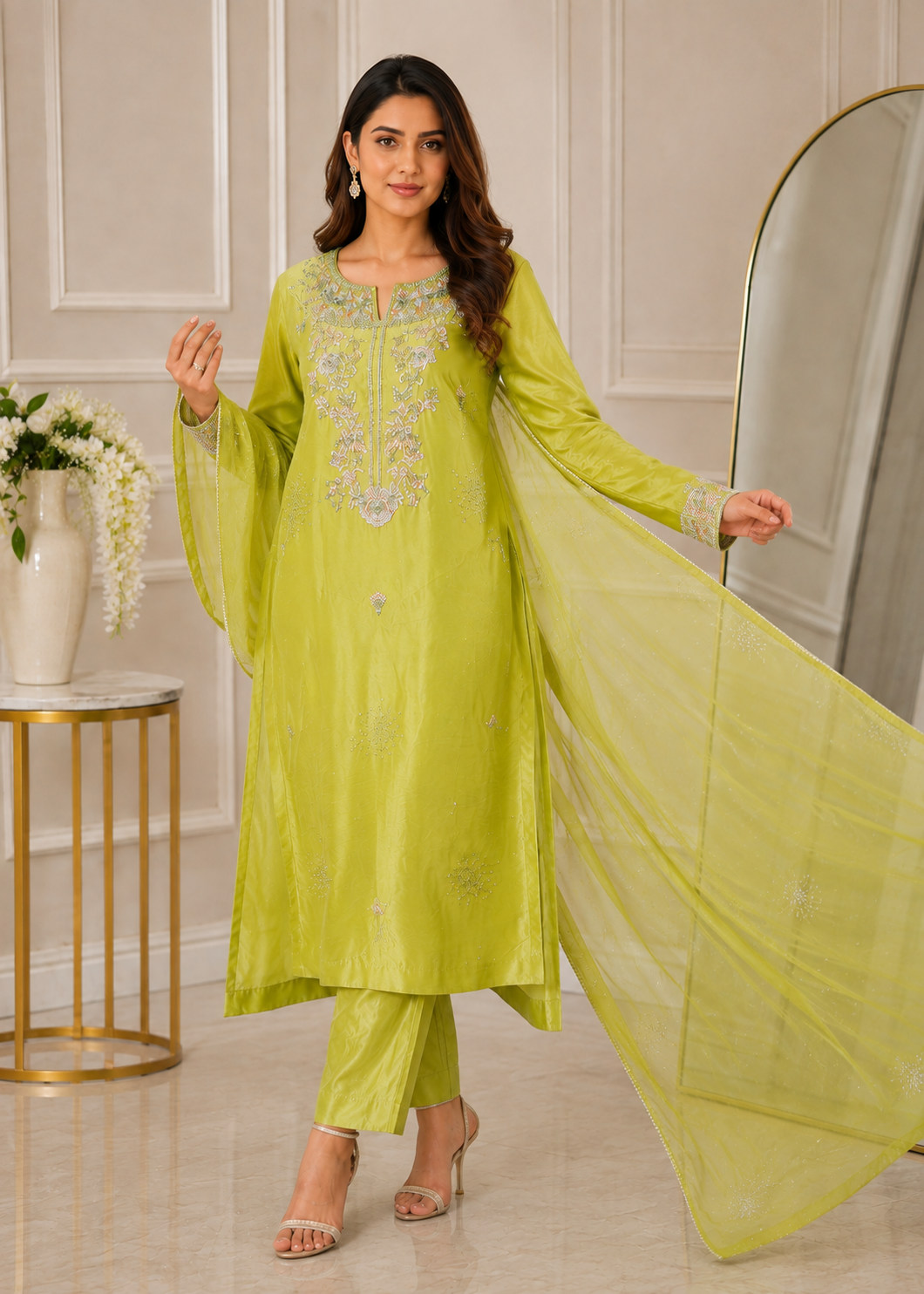 pure silk Kurta Set in Pistachio green