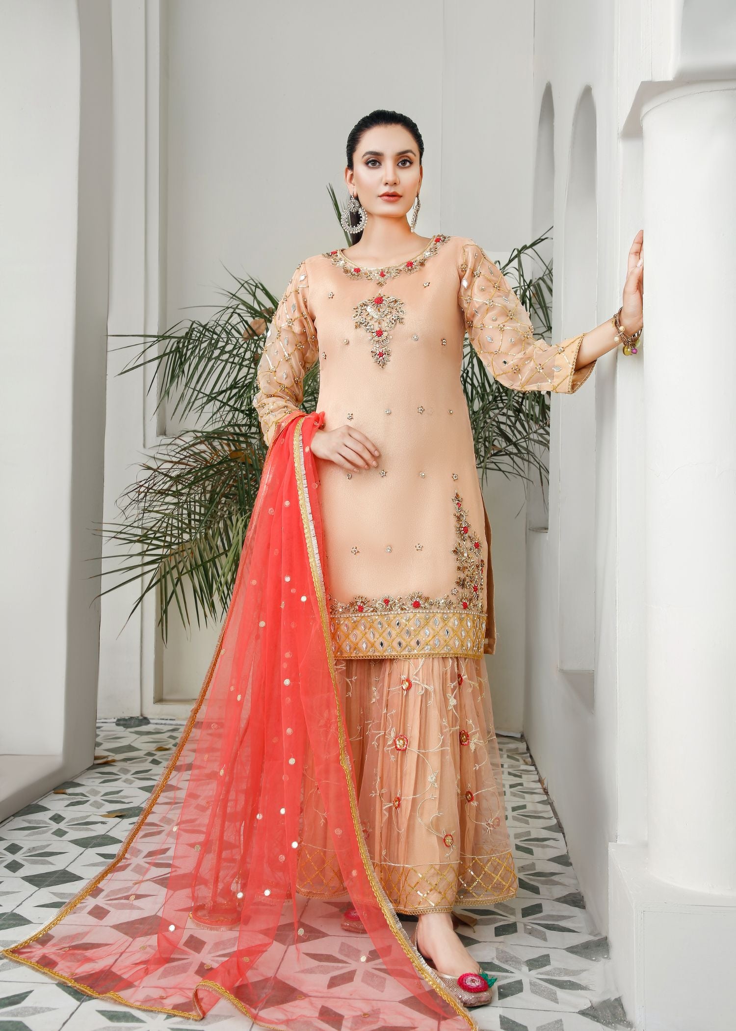 bemberg crinkle chiffon Gharara in Peach pink