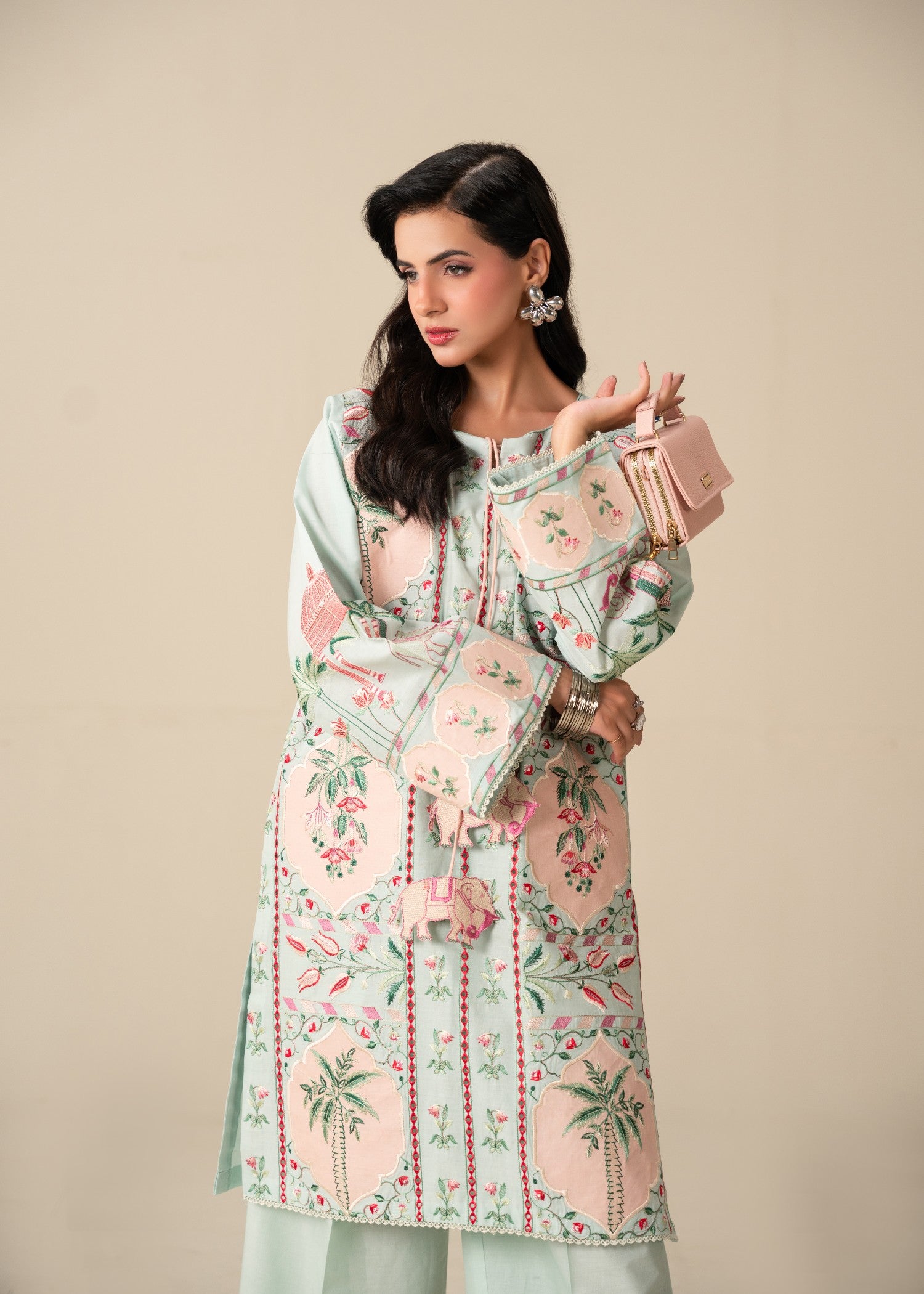lawn Kurta Set in Peach pink, light cyan