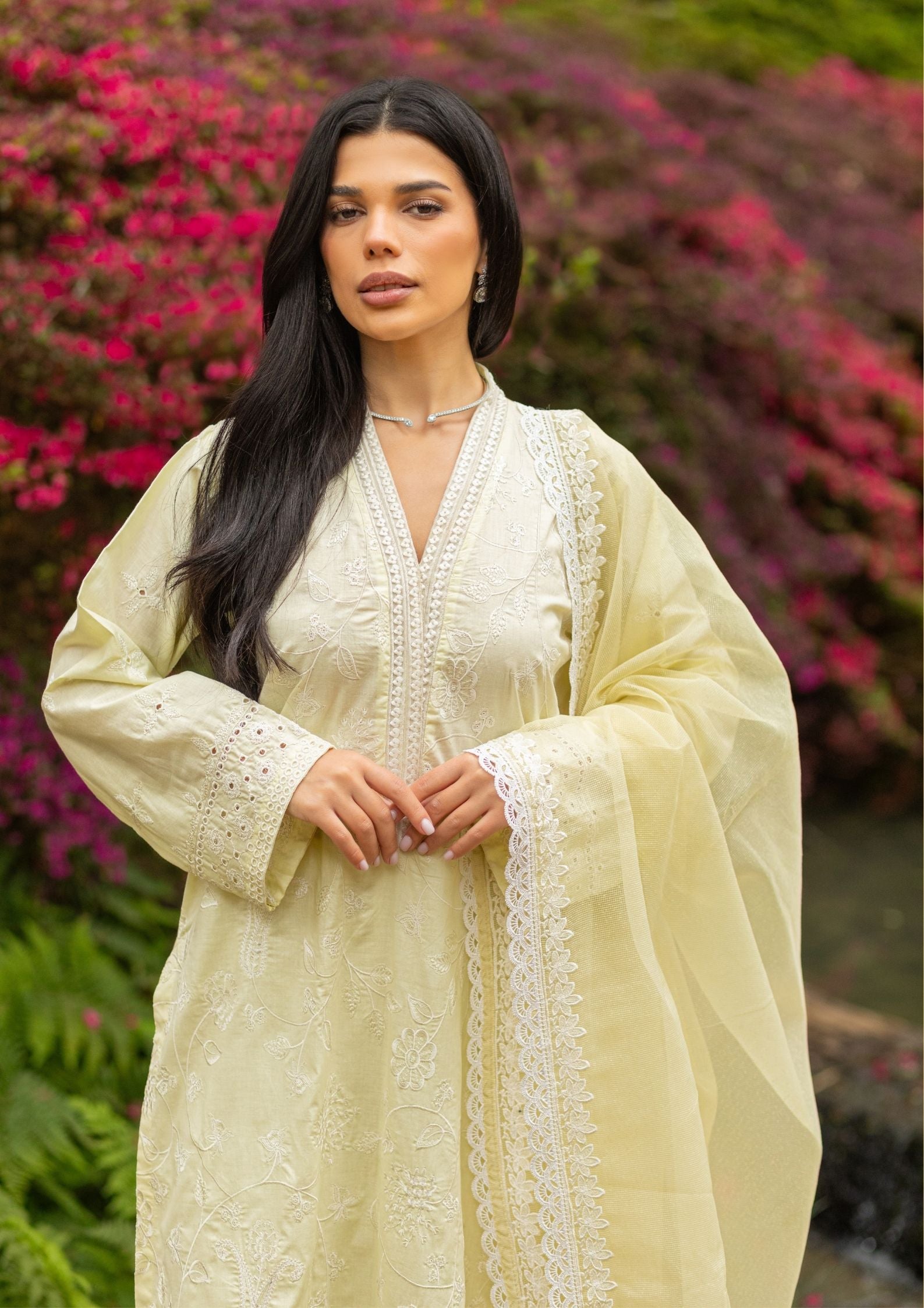 lawn cotton Kurta Set in Light yellow