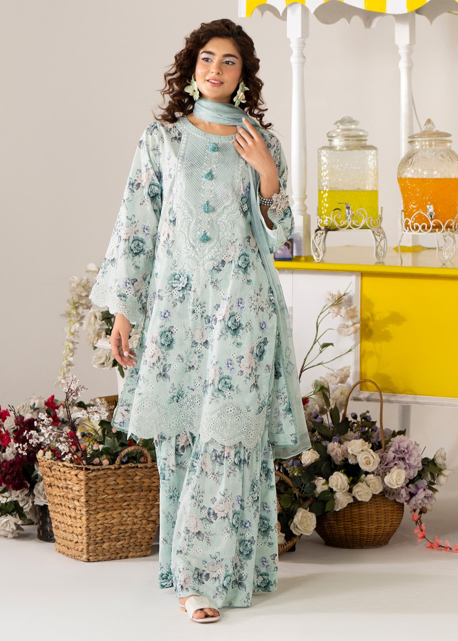 lawn cotton Sharara in Mint green, ice blue