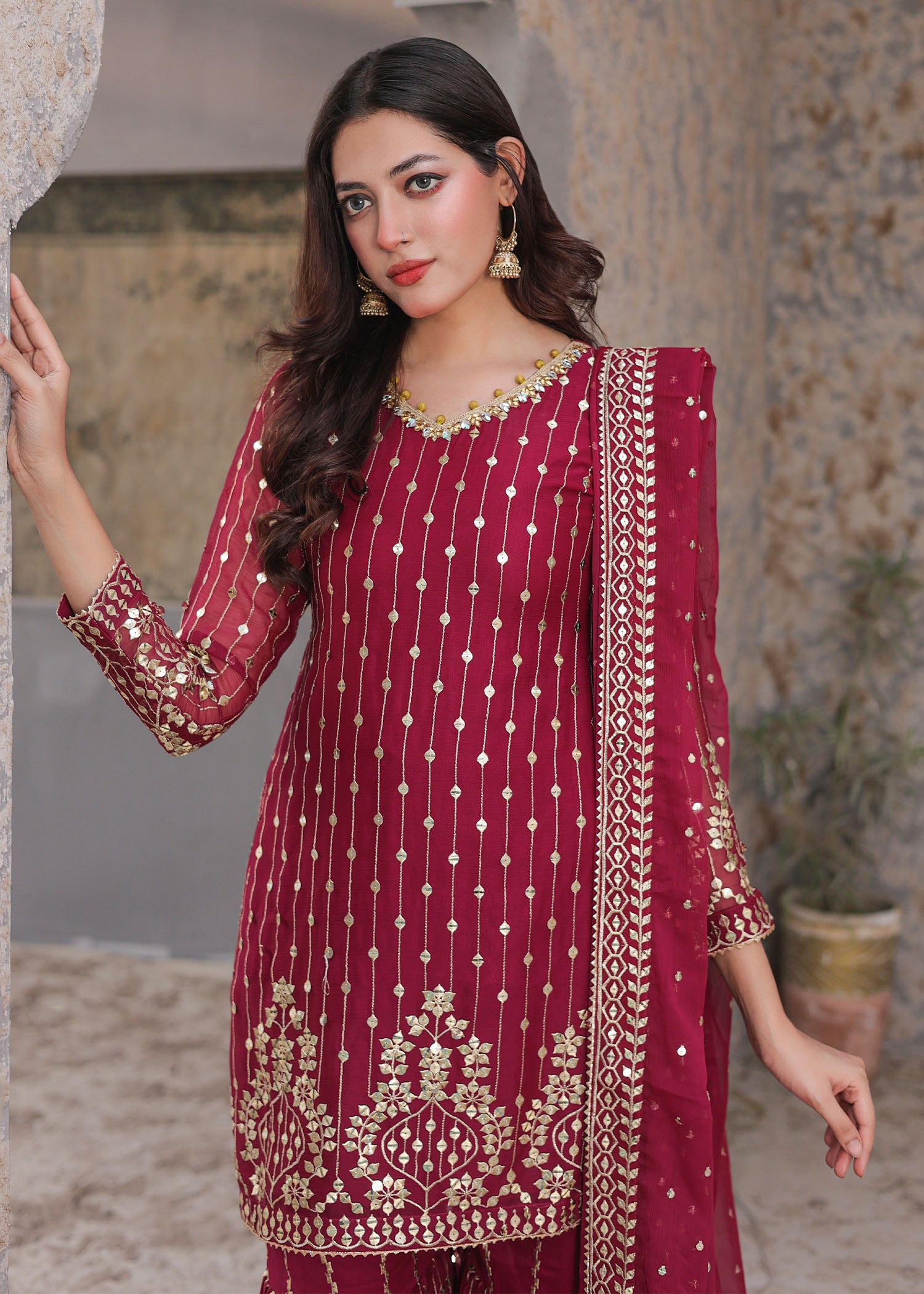 chiffon Gharara in Maroon