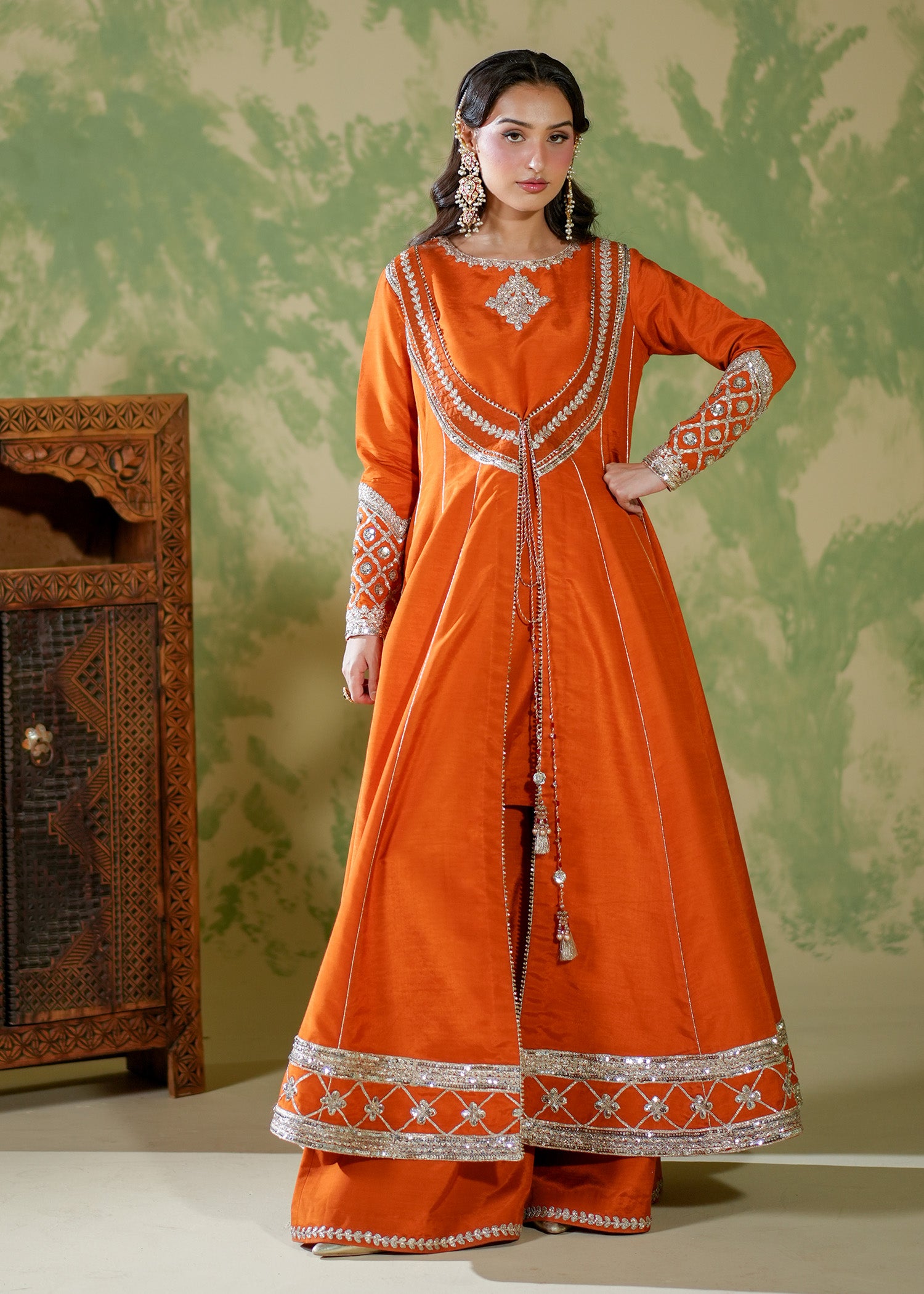 raw silk Pishwas in Rust orange, rust red