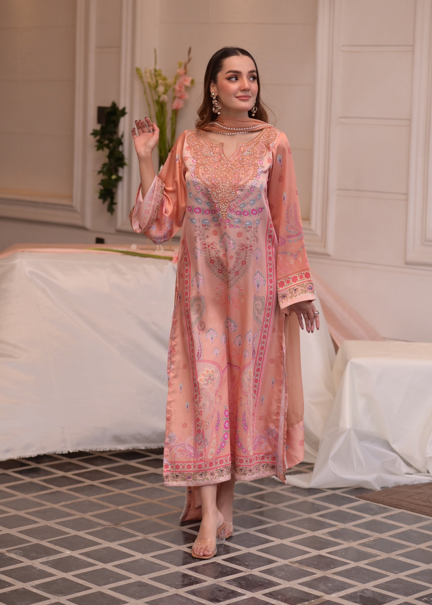 satin silk Kurta Set in Apricot orange, goldfish orange, marmalade orange