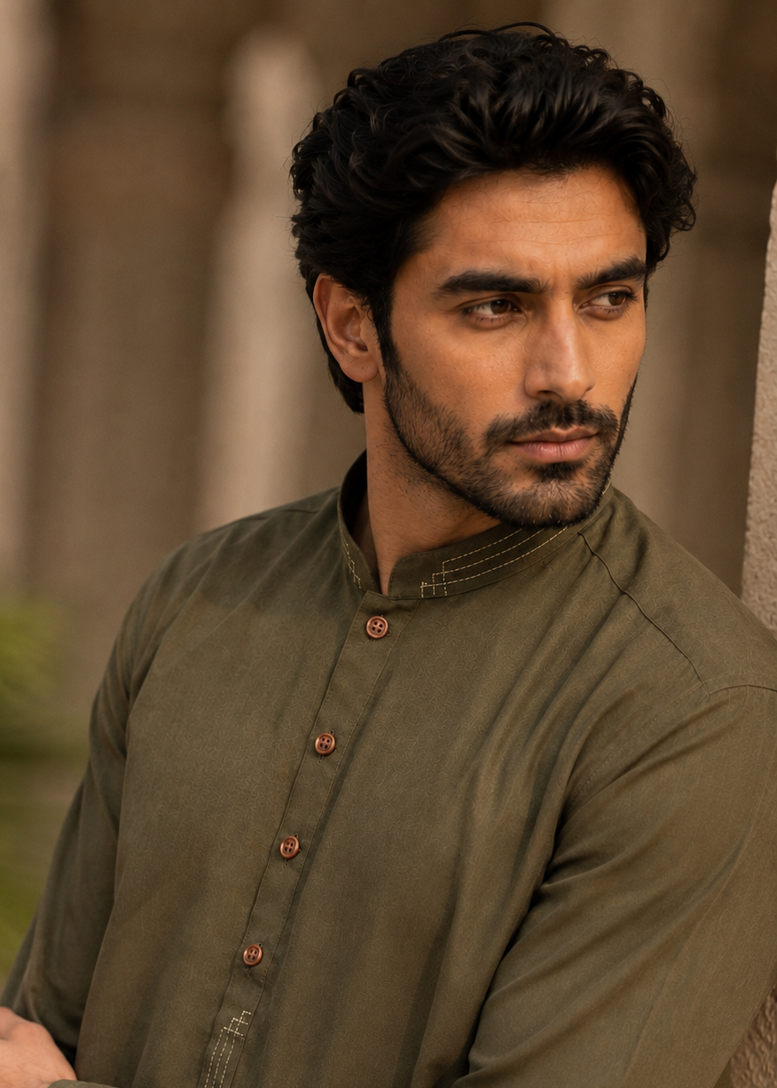 wash & wear Shalwar Kameez in Olive green