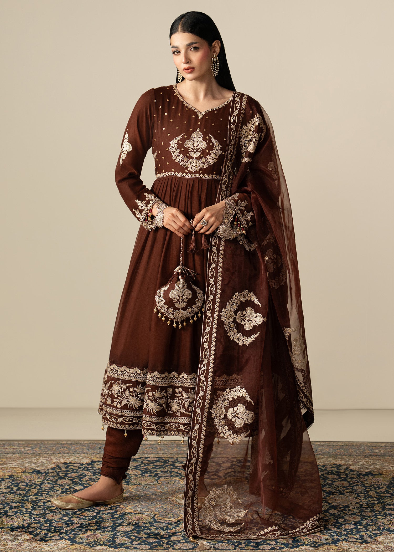 chiffon Pishwas in Brown