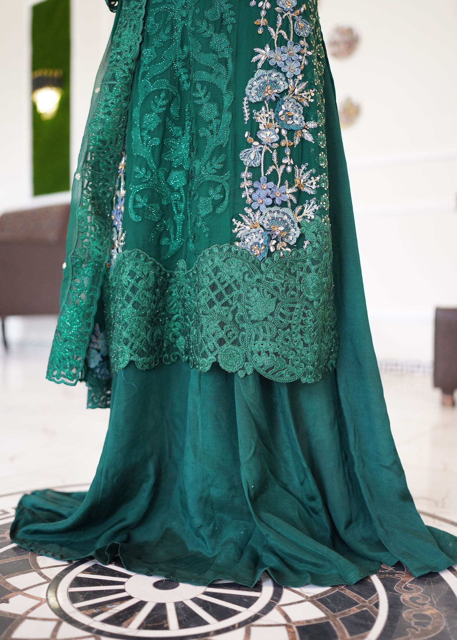chiffon Lehenga in Emerald green