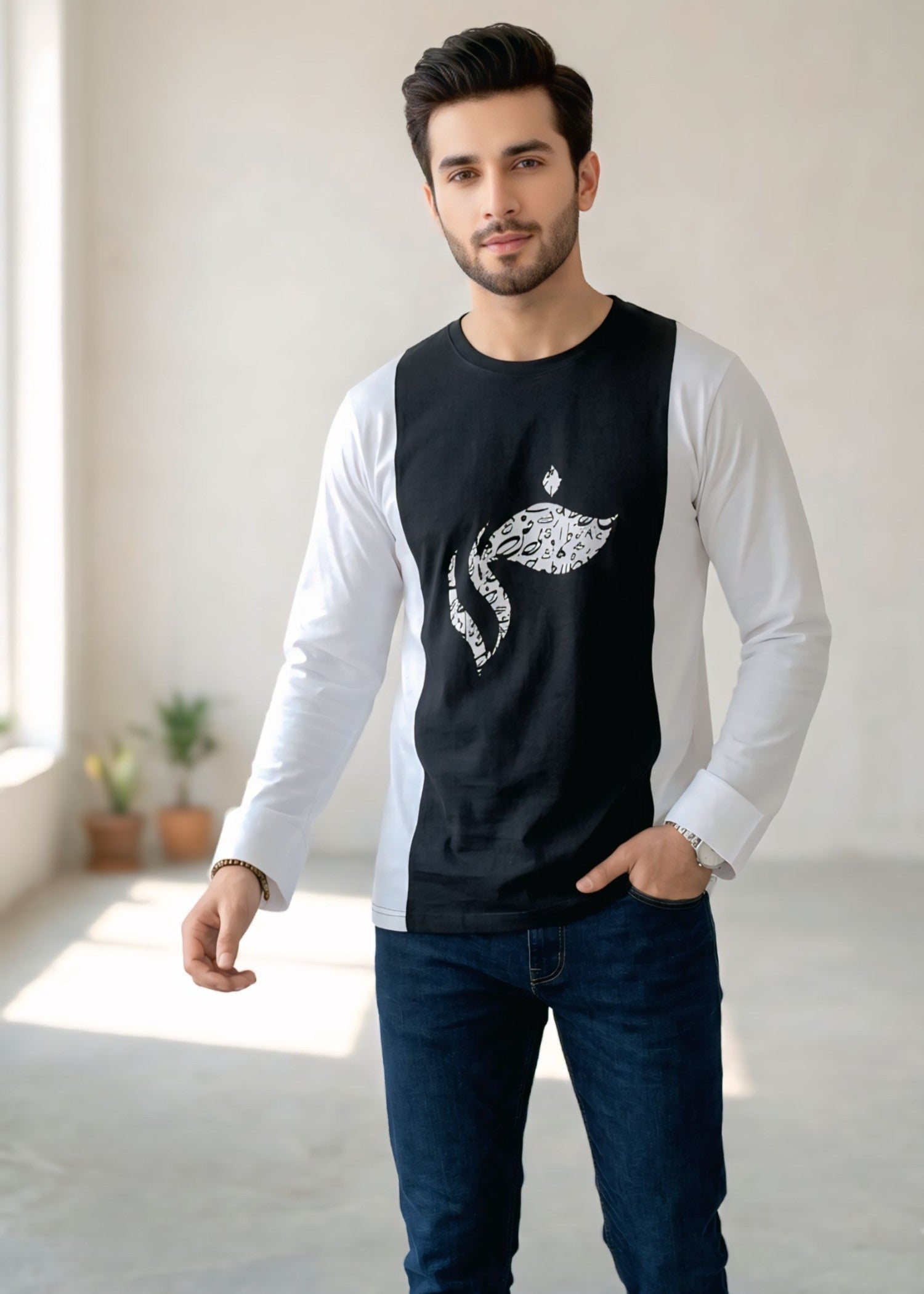 cotton jersey T Shirt in Black, off-white
