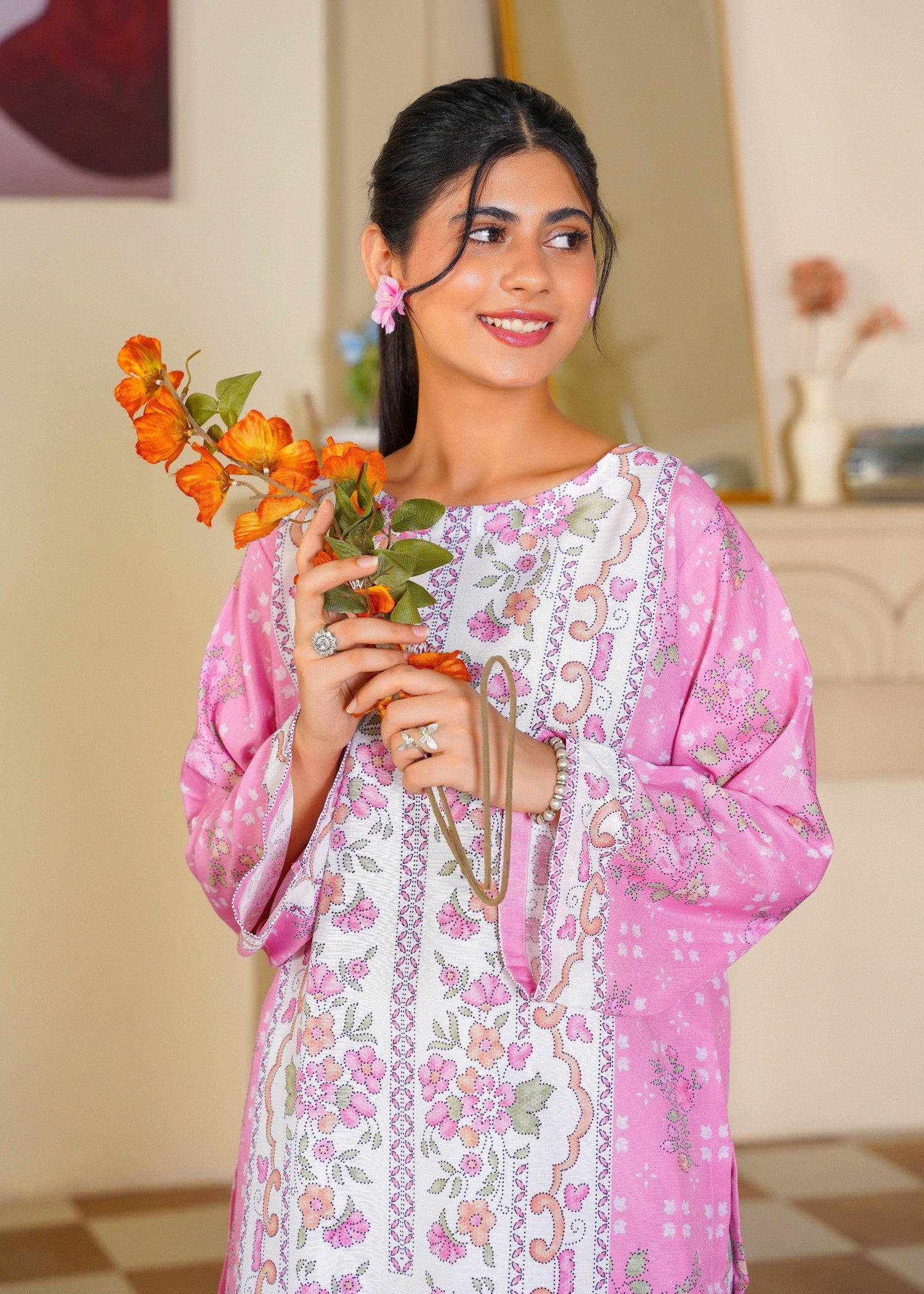 slub cambric Kurta Set in Blush pink